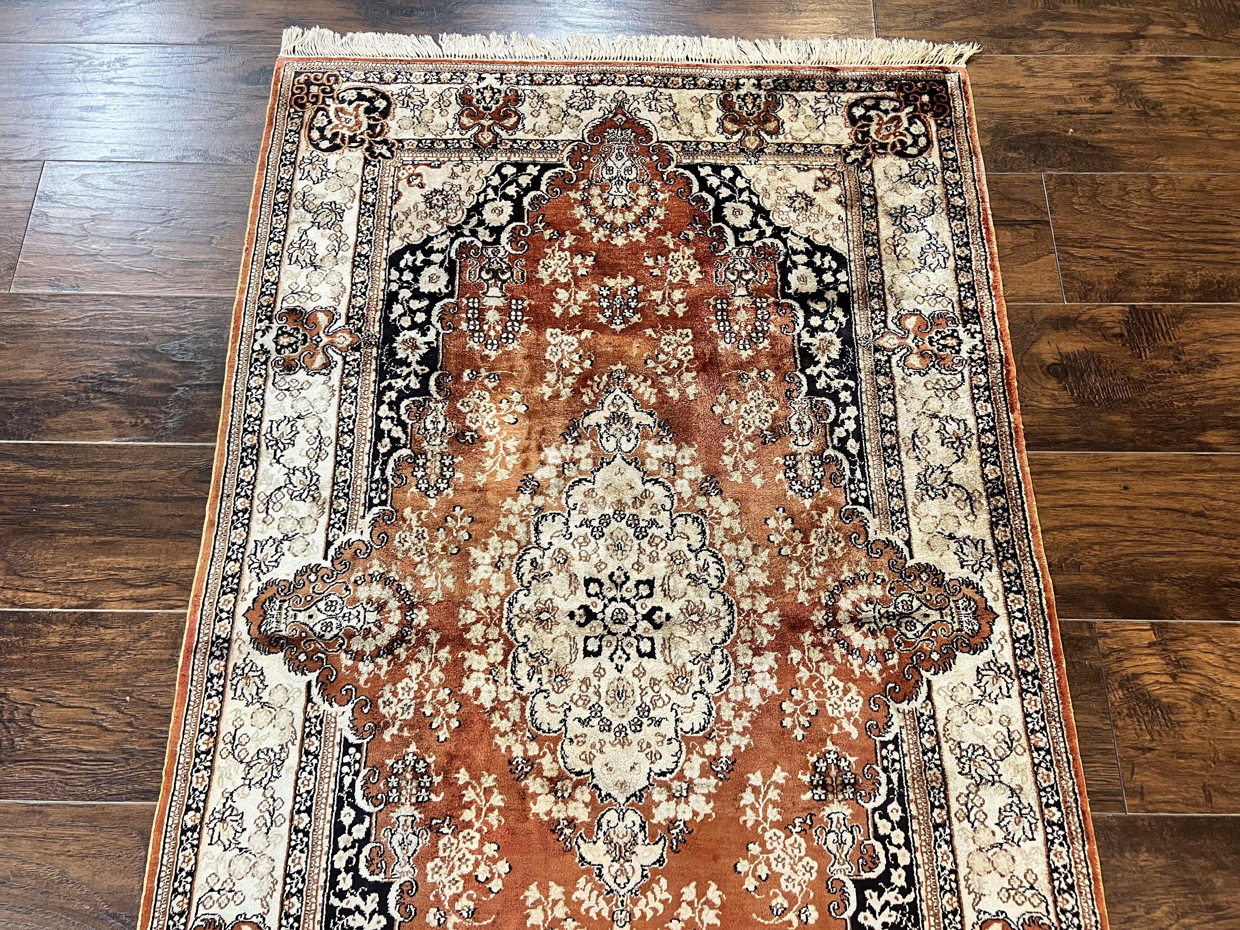 Turkish Silk Rug 3x5, Very Fine 400 KPSI, Floral Medallion, Handmade Hand Knotted Silk on Silk Oriental Carpet