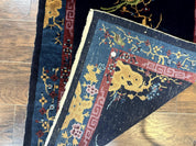 Antique Chinese Peking Rug 3x6, Dark Blue, Bird Motif, Handmade Wool Art Deco Asian Oriental Carpet, Pair A