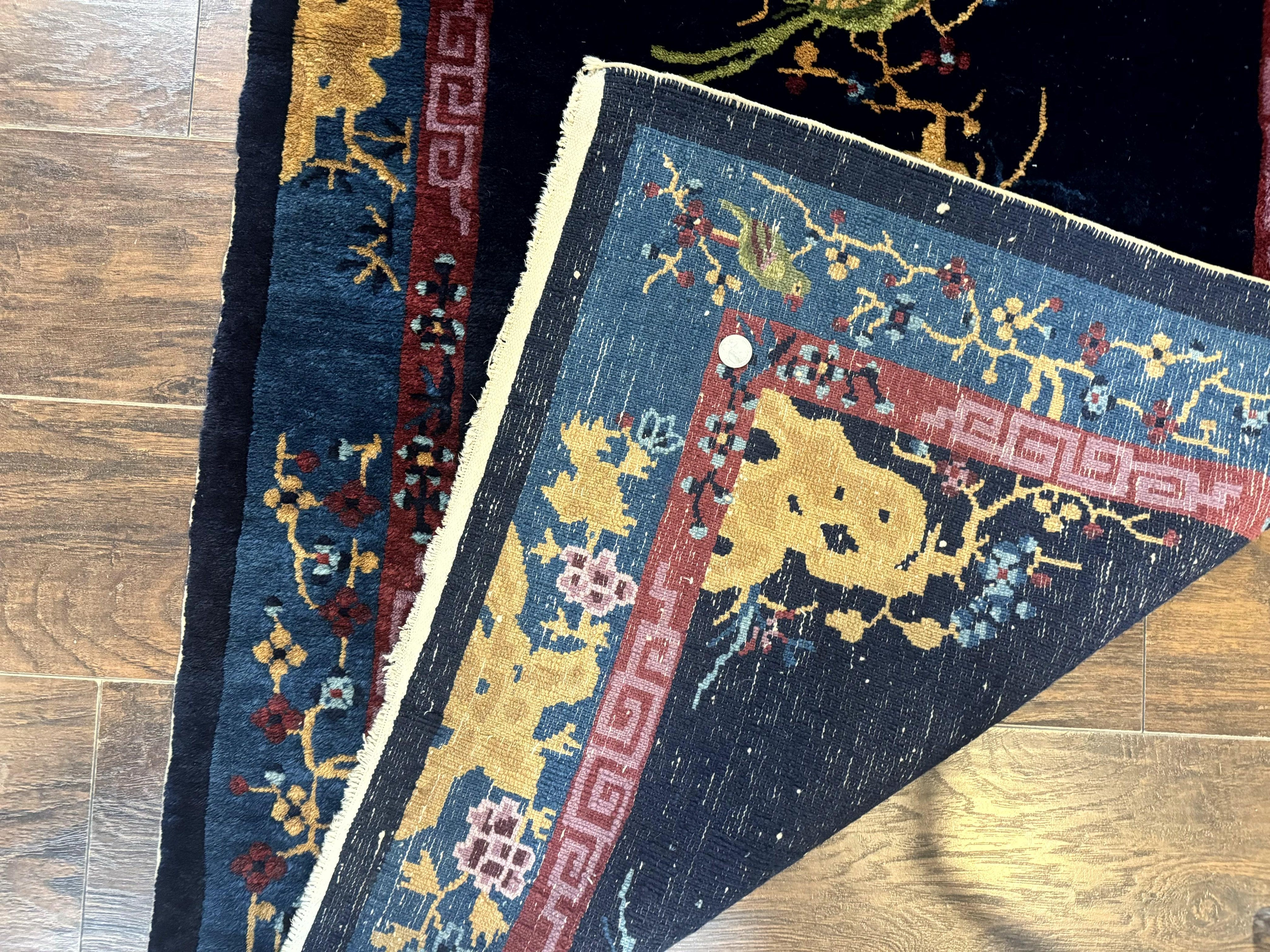Antique Chinese Peking Rug 3x6, Dark Blue, Bird Motif, Handmade Wool Art Deco Asian Oriental Carpet, Pair A