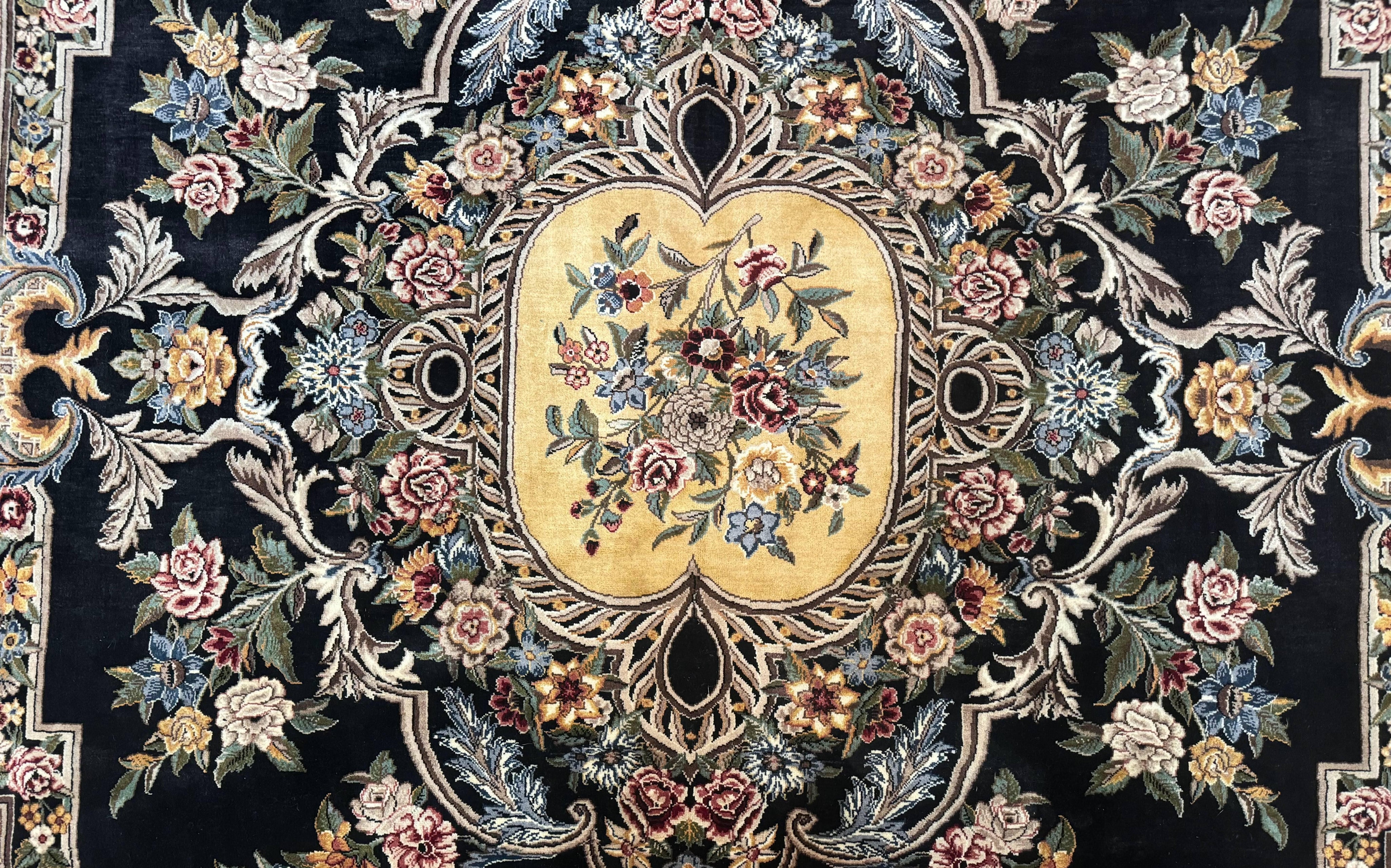 Aubusson Rug 9x12, Black and Beige, Floral, Elegant Handmade French European Design Carpet