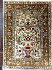 Silk Turkish Hereke Rug 2x3, Birds Lantern Very Fine 400 KPSI, Signed by Masterweaver, Wonderful, Rare, Small Hereke Rug