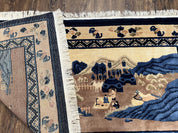 Antique Chinese Pictorial Rug 2.7 x 5, Chinese Village and Hills Carpet, Beige and Dark Blue, Handmade, Horizontal Rug Wall Hanging Tapestry