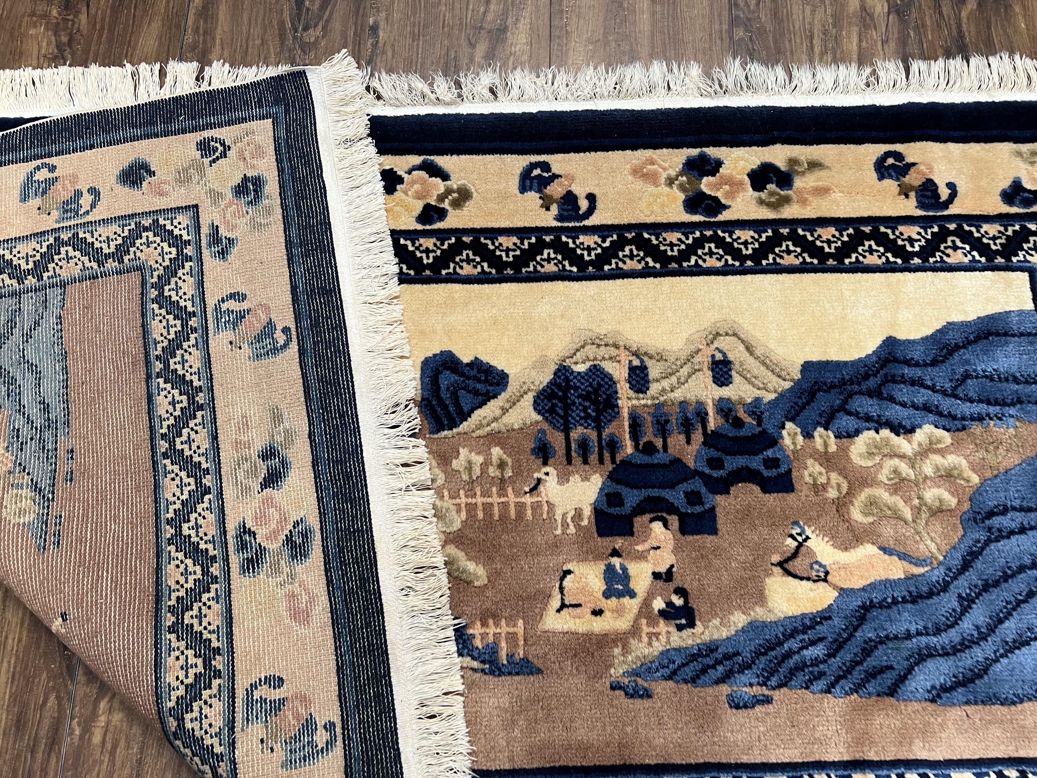 Antique Chinese Pictorial Rug 2.7 x 5, Chinese Village and Hills Carpet, Beige and Dark Blue, Handmade, Horizontal Rug Wall Hanging Tapestry