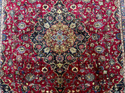 Traditional Persian Rug 8x11, Red Navy Blue, Floral Medallion, Antique Persian Mashad Carpet, Wool