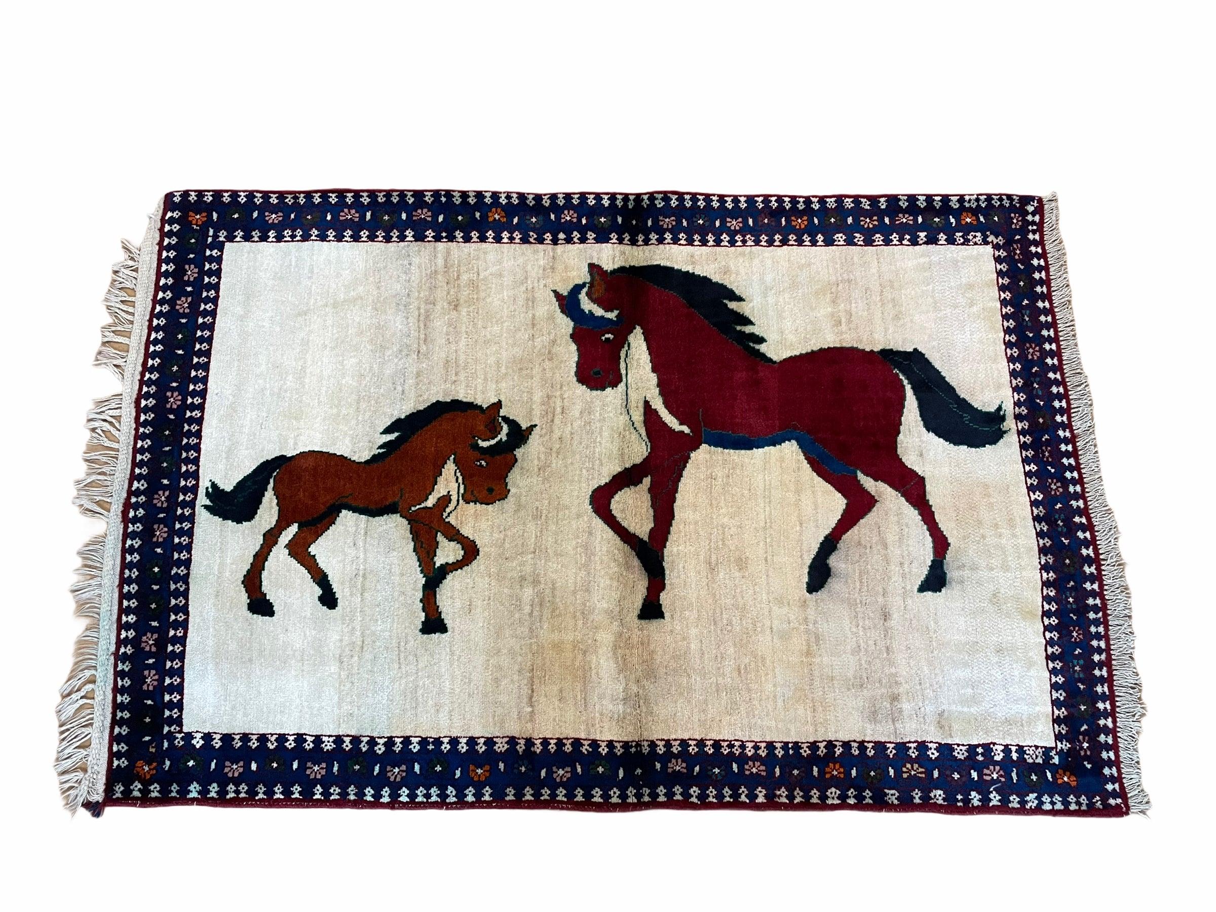 3.5 X 5 Handmade Hand-Knotted Quality Wool Pictorial Brown Horses Animal Rug