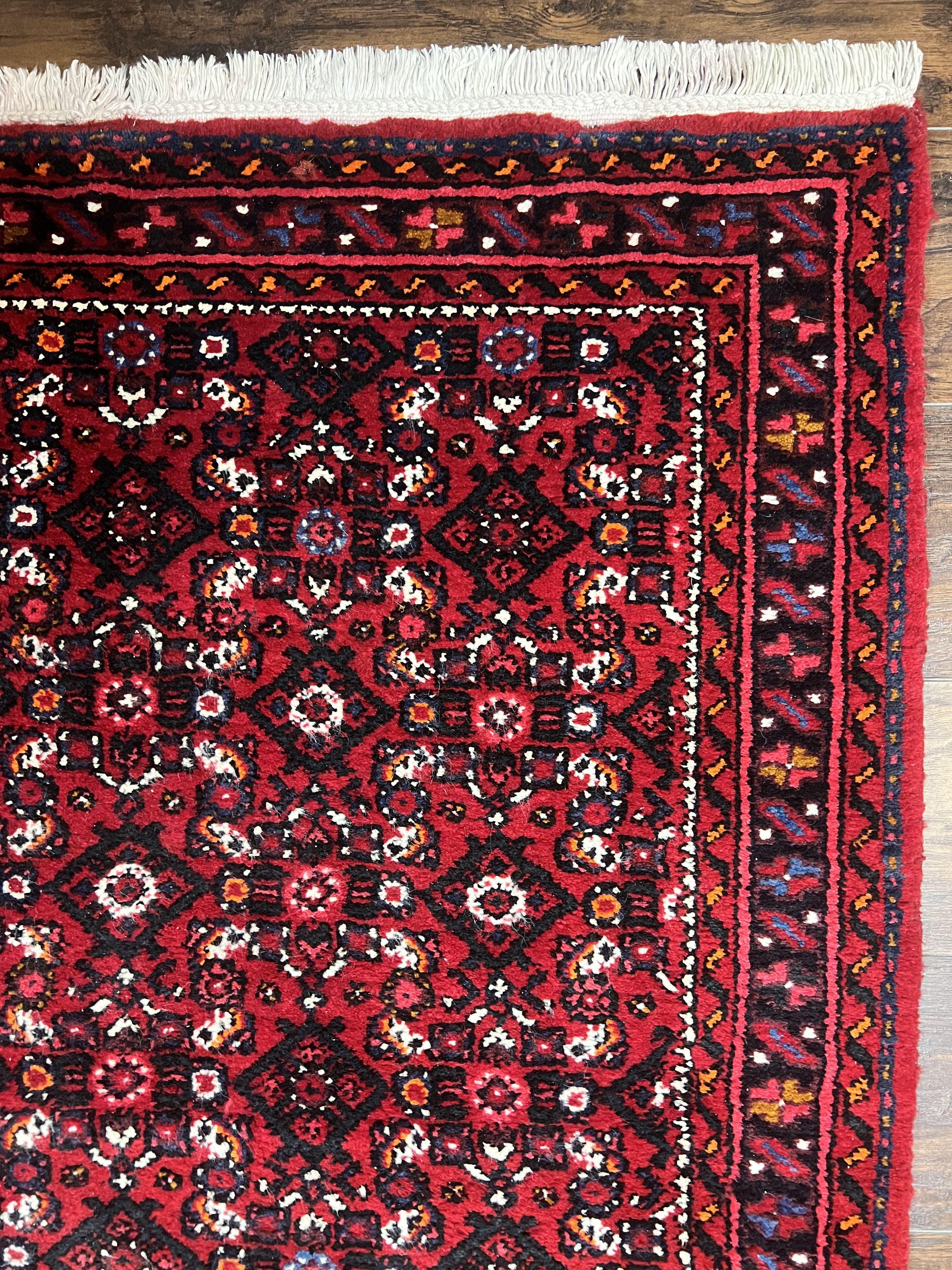 Persian Runner Rug 3 x 16, Wool Handmade Long Antique Hamadan Oriental Rug for Hallway, Red Tribal Rug, Allover Pattern, 3x16 Runner Rug