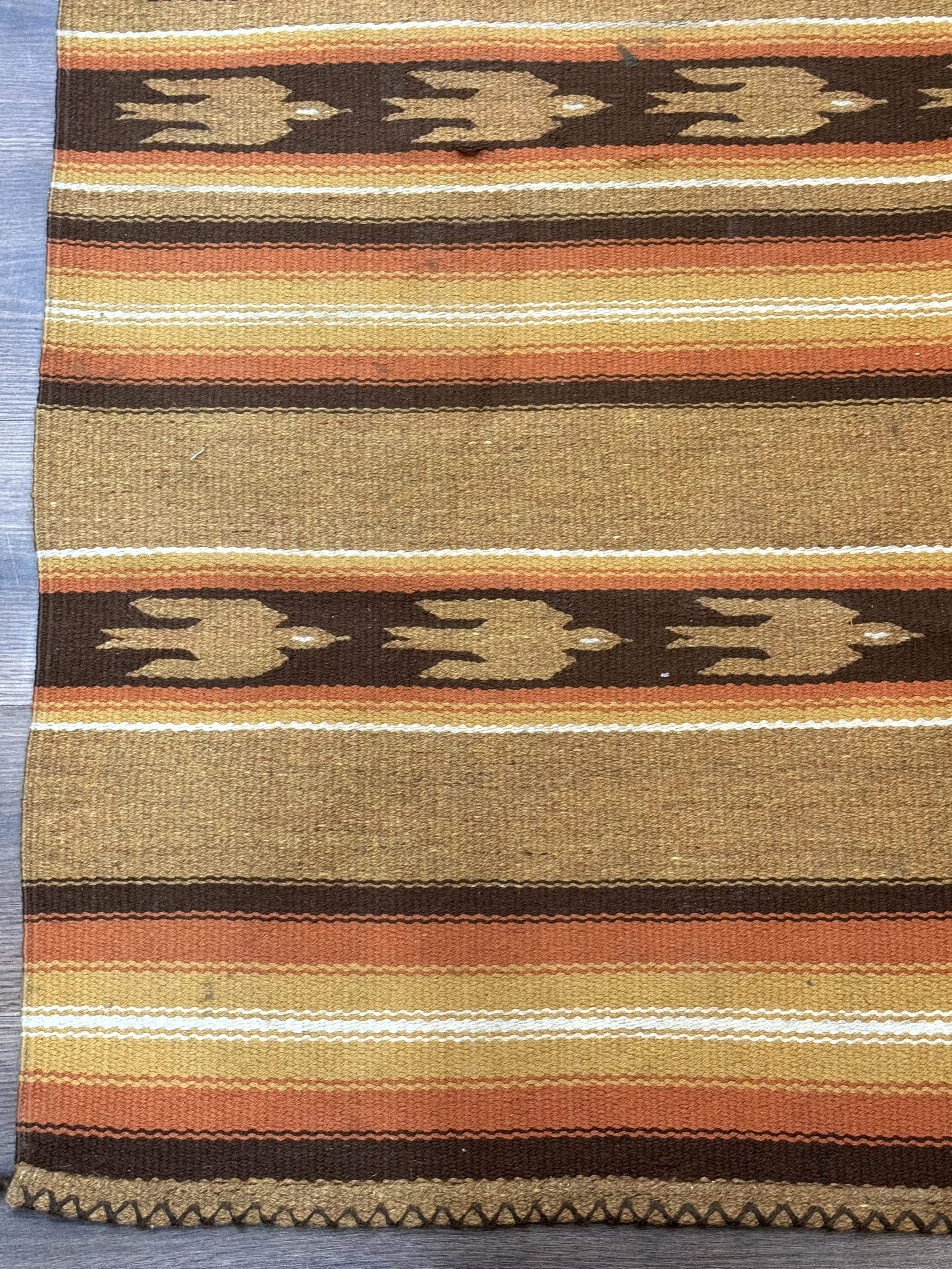 South American Rug Blanket 2.7 x 5.6, Wool, Handmade, Navajo Design, Orange Brown