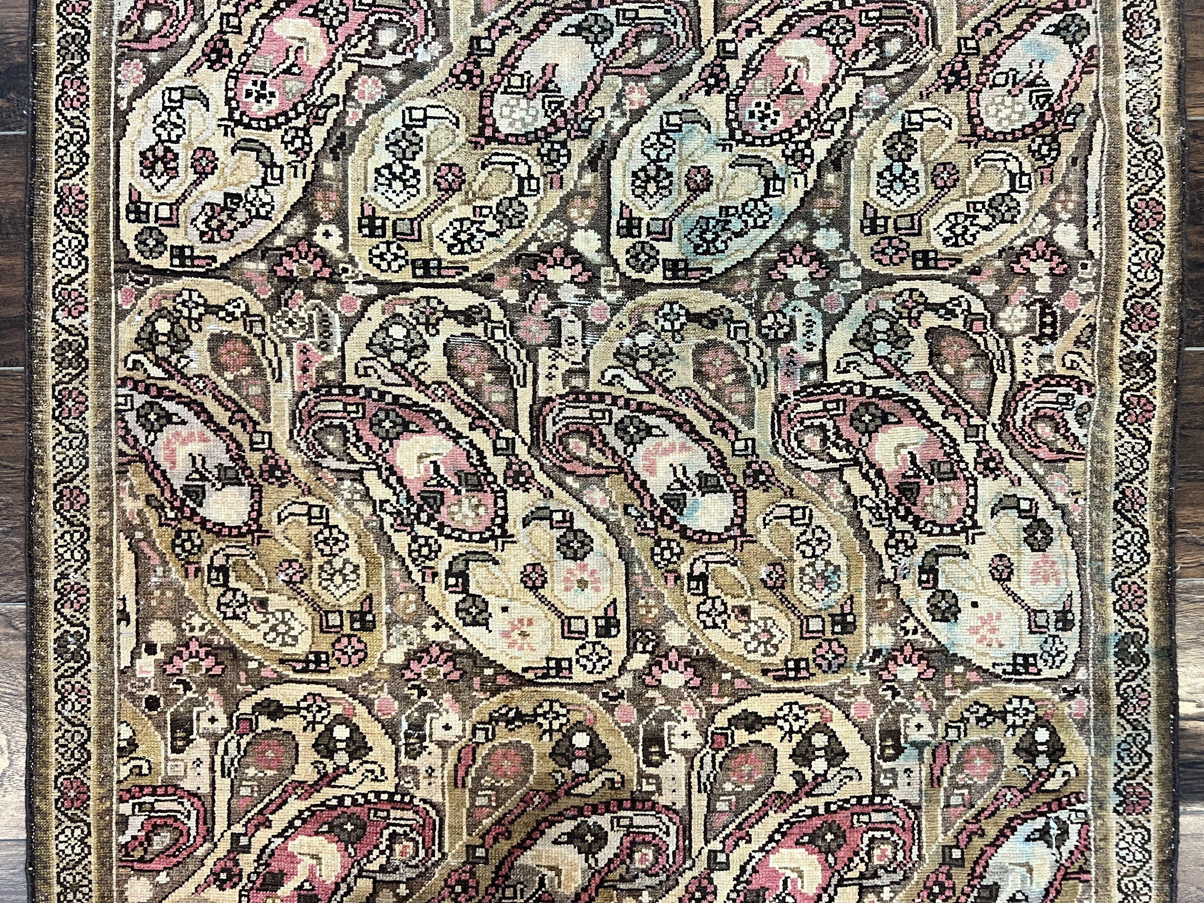 Antique Persian Malayer Runner Rug 3x16, Repeated Boteh Paisley Design, Rare Rug, 1920s Antique Oriental Carpet, Wool Handmade Hand Knotted 3 x 16 ft Rug