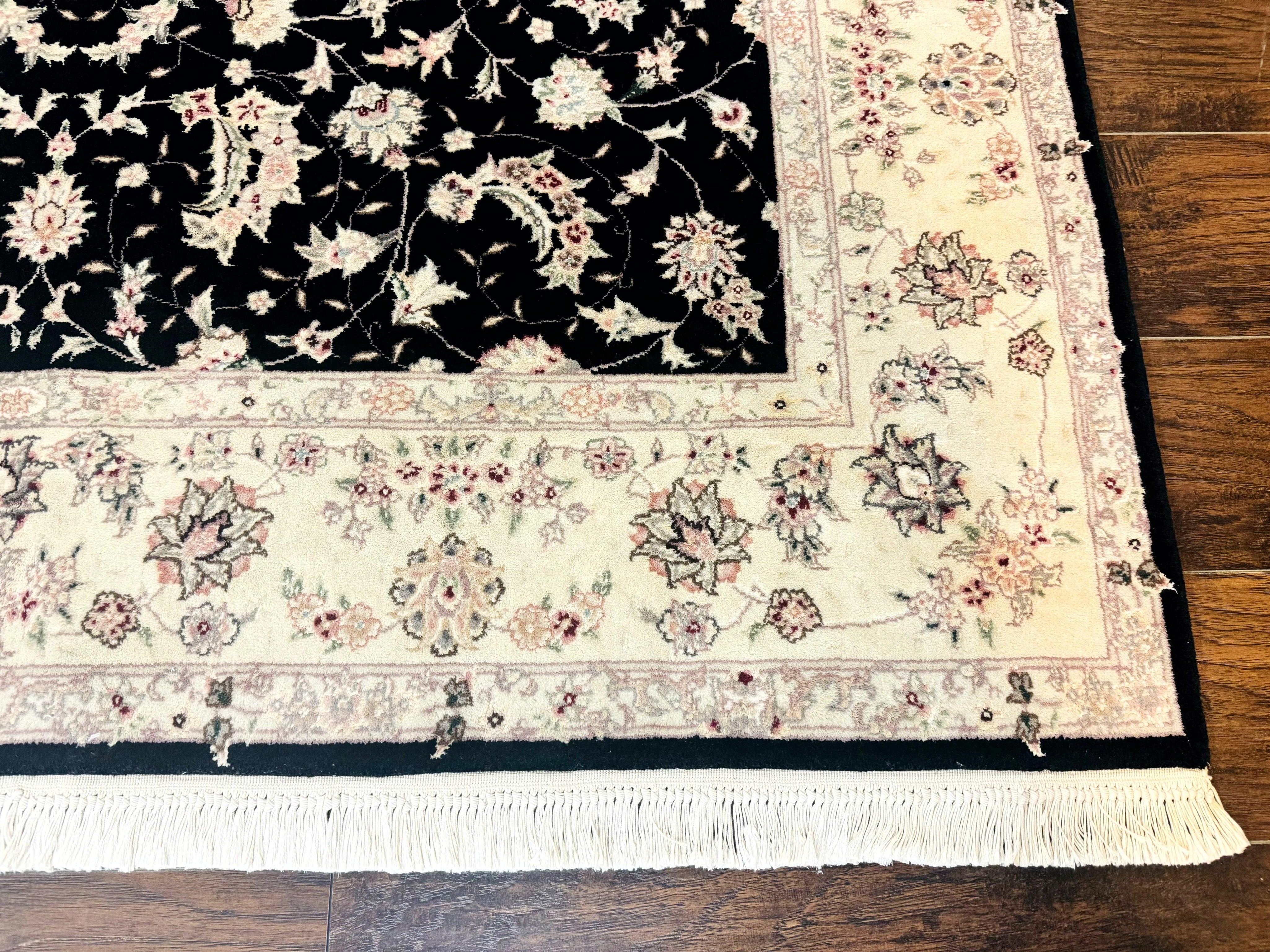 Sino Persian Rug 6x9, Black and Ivory, Wool and Silk Highlights, Handmade