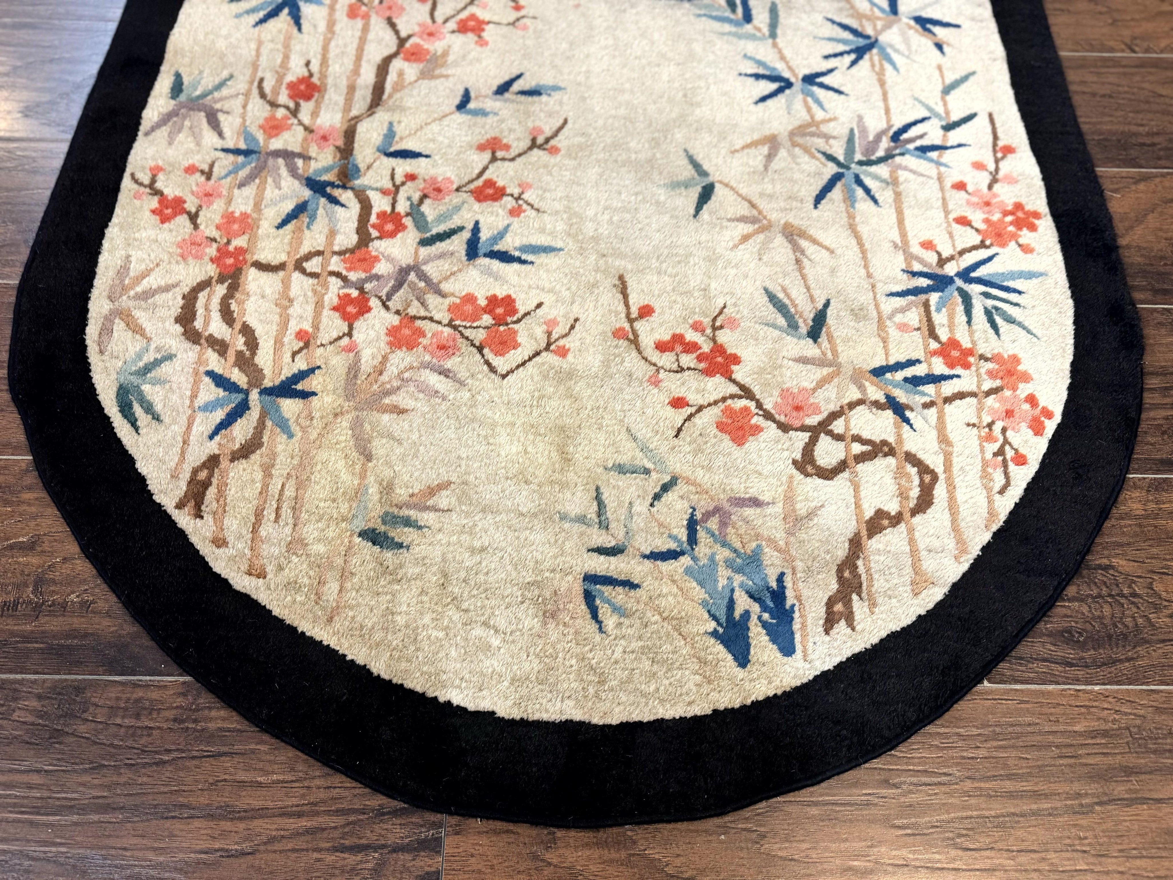 Antique Chinese Oval Rug 3.9 x 6.7, Floral, Butterflies, Chinese Wool Art Deco Peking Carpet, Beige, Handmade