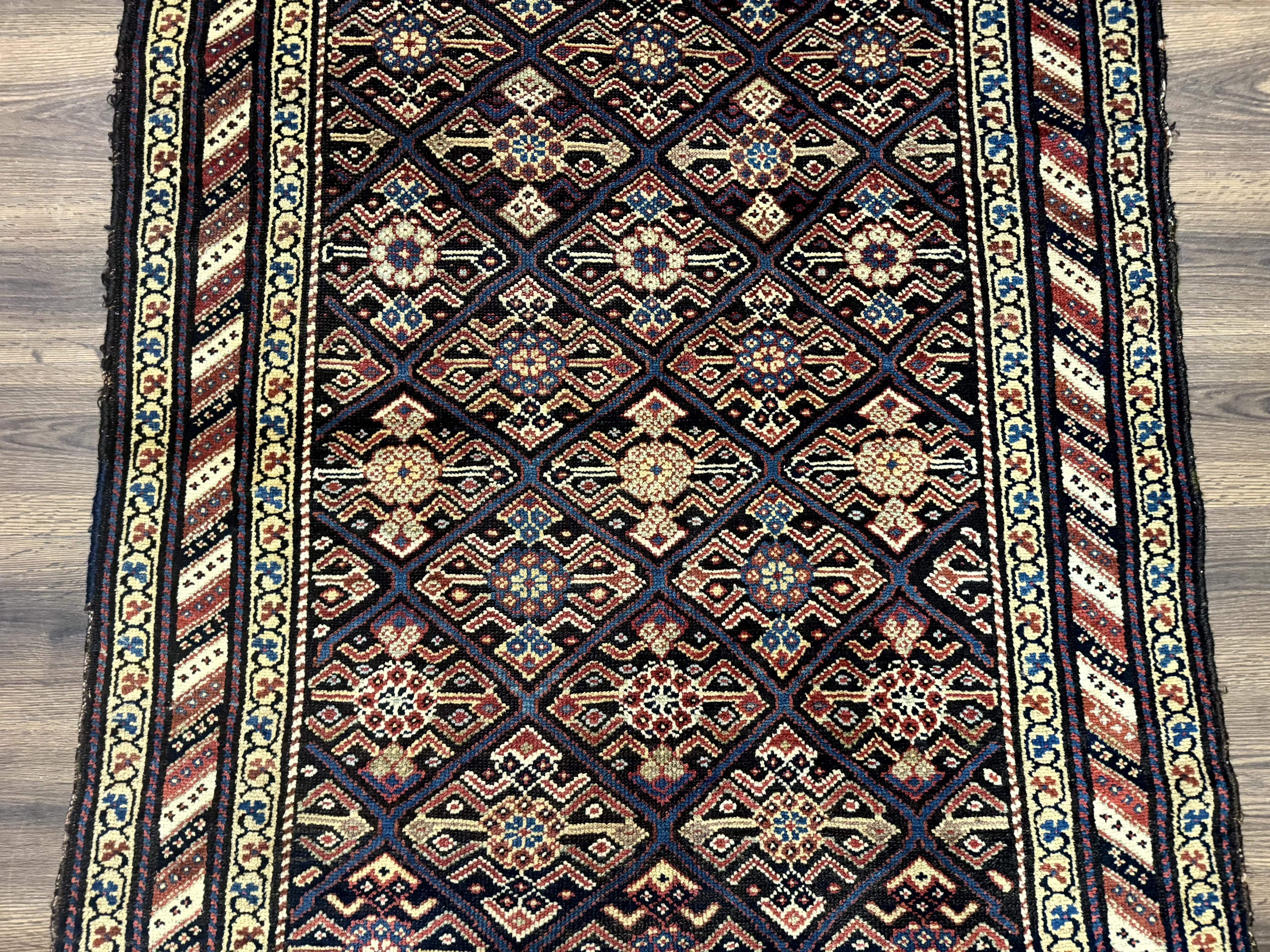 Antique Persian Wide Runner Rug 4x9, Kurdish Rug, Panel Design, Rainbow Border, Rare Tribal Rug