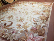 7' 7" x 9' 8" Needlepoint Rug Floral Beige Flat Weave Carpet 8x10 Handmade New Area Rug