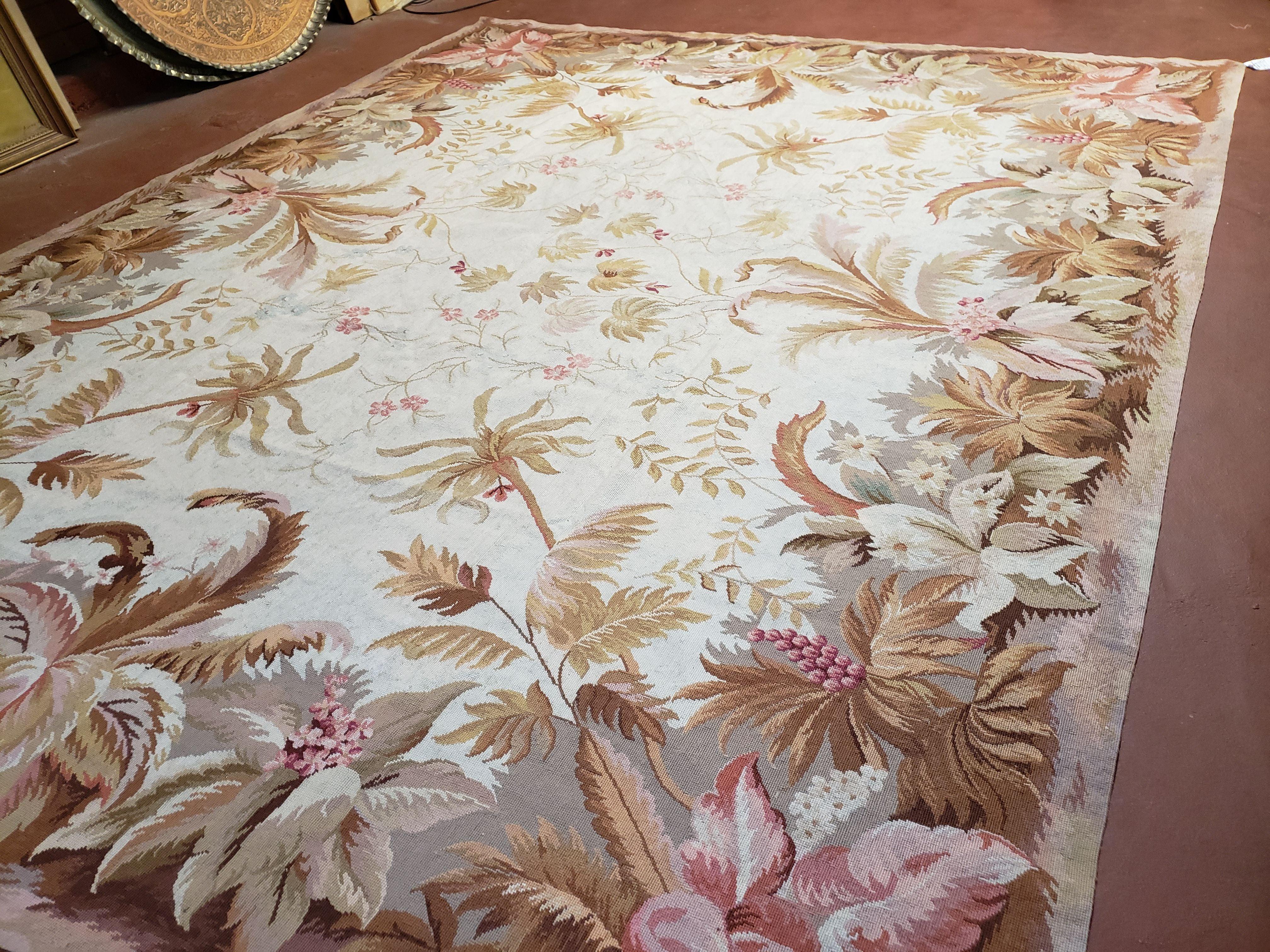 7' 7" x 9' 8" Needlepoint Rug Floral Beige Flat Weave Carpet 8x10 Handmade New Area Rug