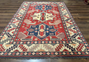 Turkish Kazak Rug 6x8, Caucasian Design, Geometric Medallions, Red Blue Beige