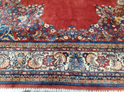 Semi Antique Persian Sarouk Rug 9x12,  Semi Open Field with Central Medallion, Hand Knotted Wool, Tomato Red, 9 x 12 Authentic Oriental Carpet
