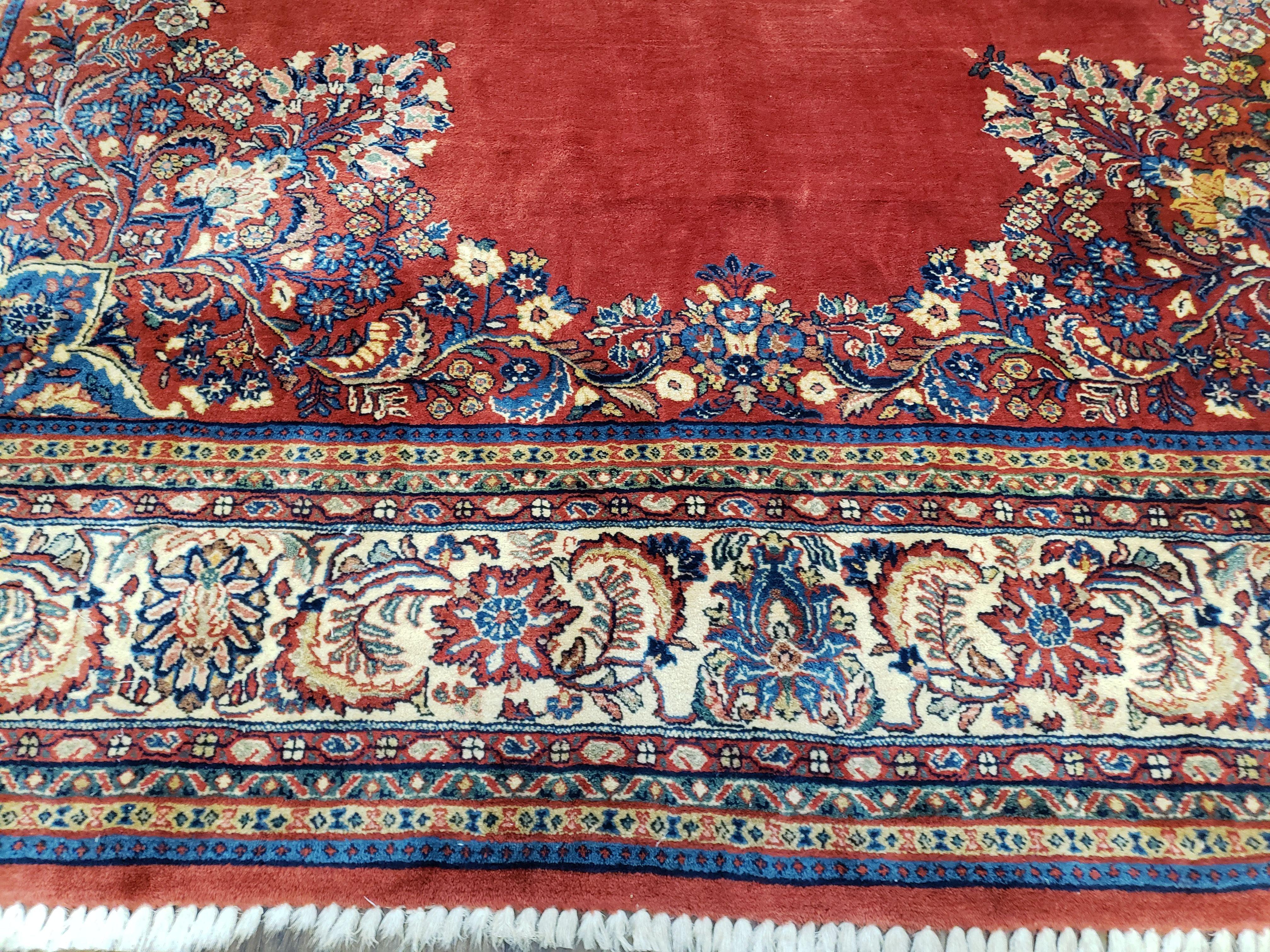 Semi Antique Persian Sarouk Rug 9x12,  Semi Open Field with Central Medallion, Hand Knotted Wool, Tomato Red, 9 x 12 Authentic Oriental Carpet