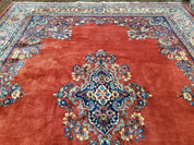 Semi Antique Persian Sarouk Rug 9x12,  Semi Open Field with Central Medallion, Hand Knotted Wool, Tomato Red, 9 x 12 Authentic Oriental Carpet