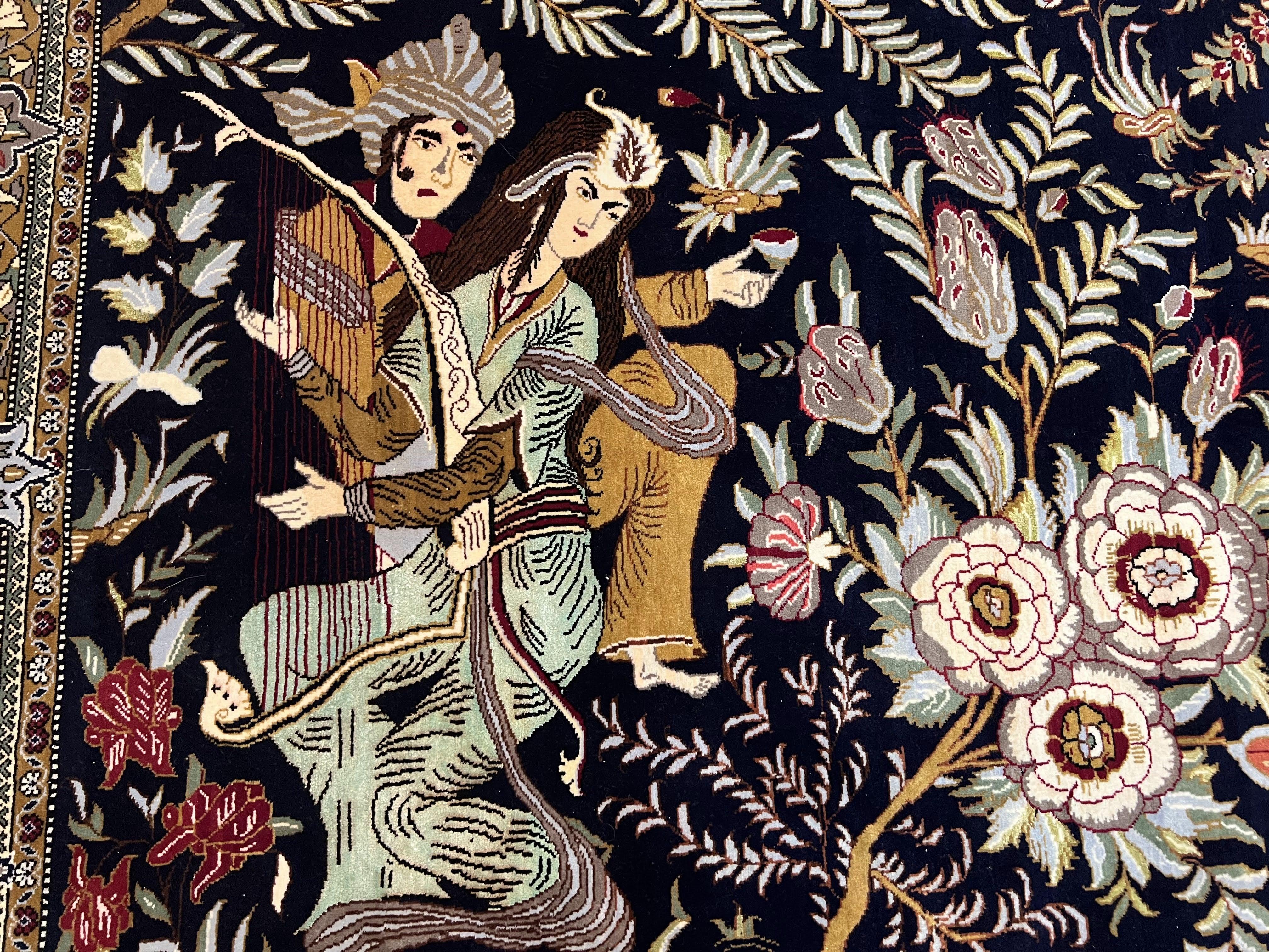 Persian Qum Pictorial Rug 4.8 x 6.5 - Layla & Majnun, Birds