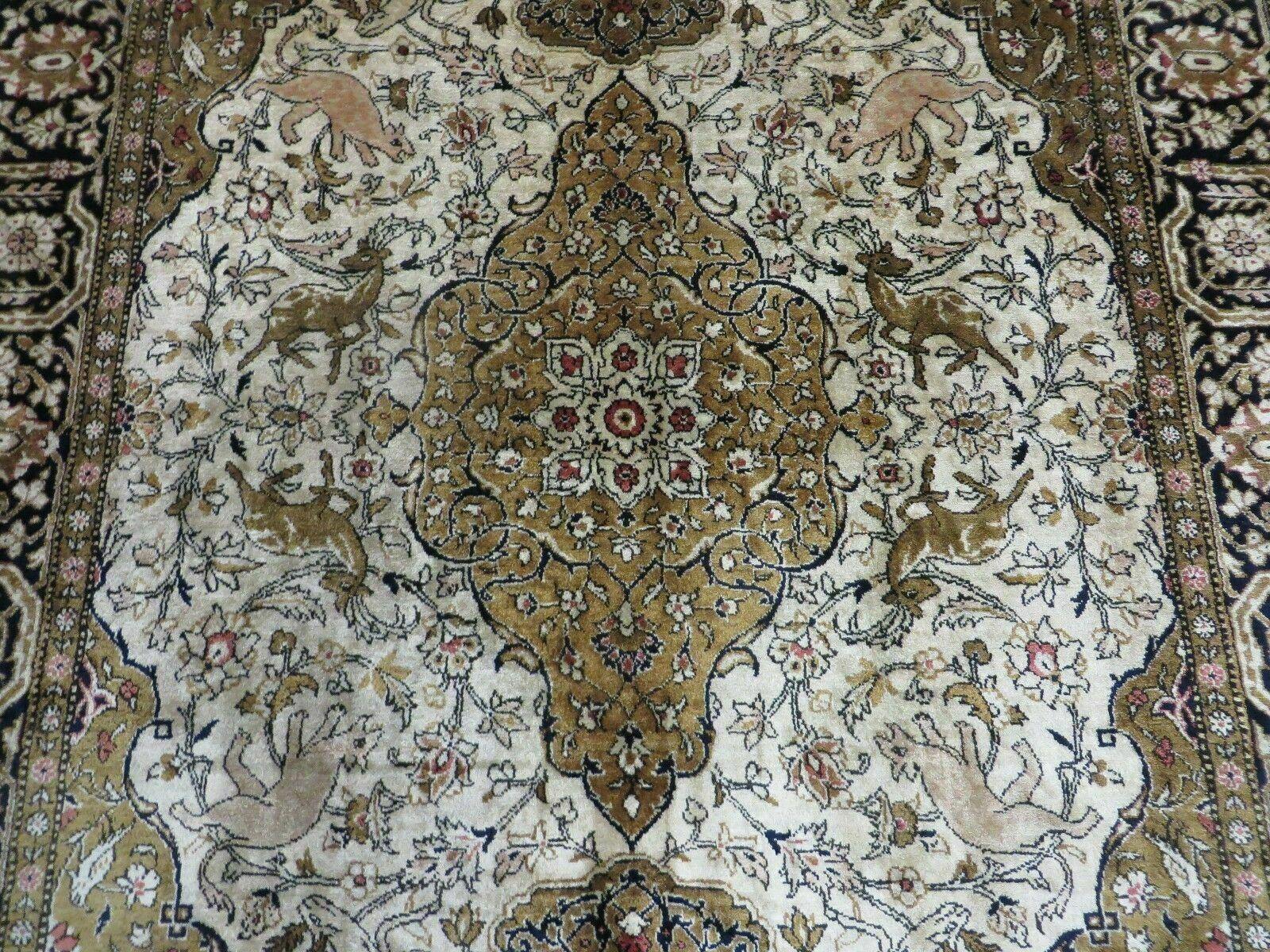 3' X 5' Fine Handmade Chinese Silk Rug Deer Birds Hand Knotted One Of A Kind