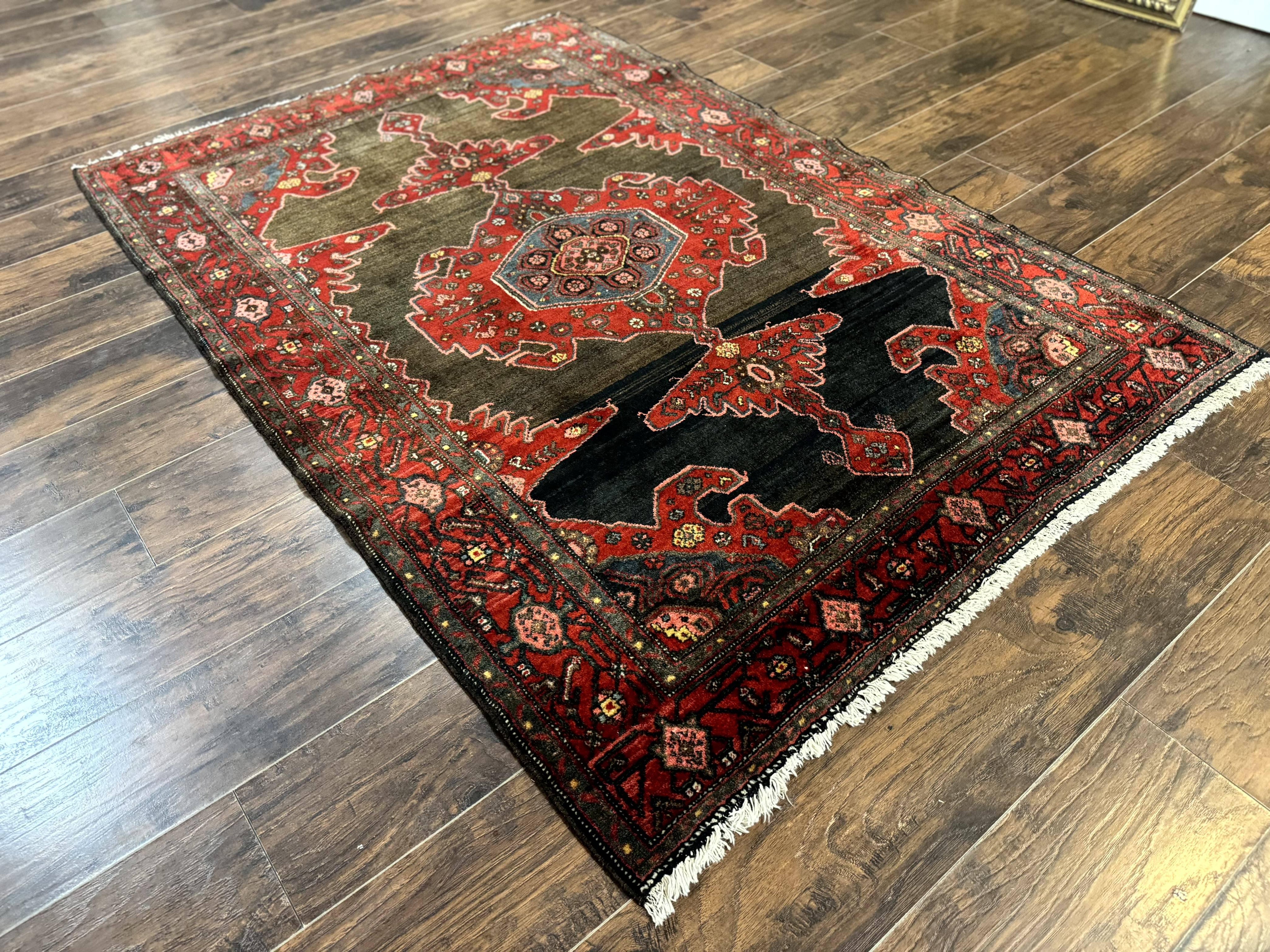 Antique Persian Tribal Rug 5x7, Geometric Wool Carpet, Kurdish Senneh Rug