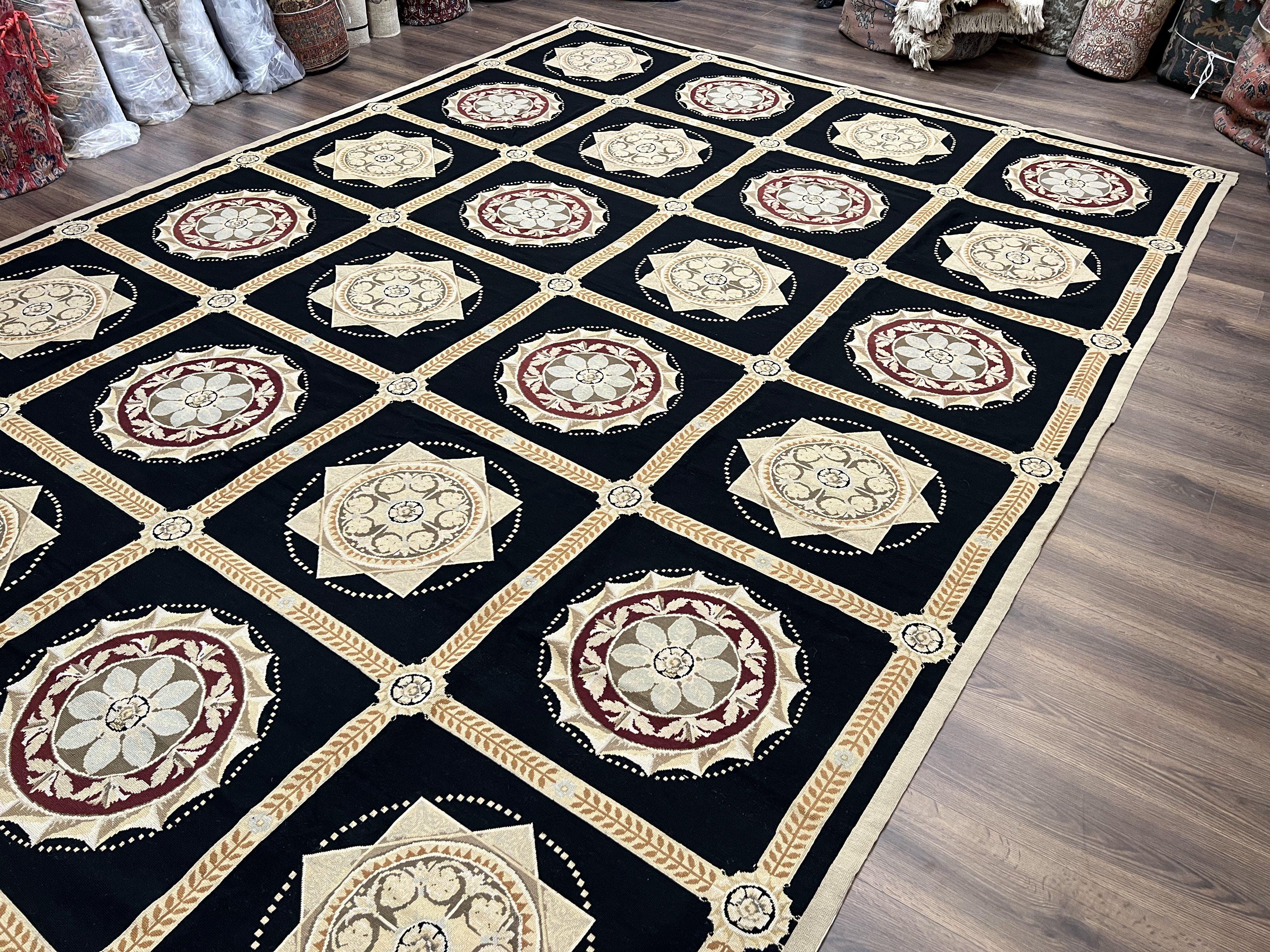 Large Needlepoint Rug 10x13, Panel Design, Black and Beige, Wool Needlepoint Carpet 10 x 13, English Garden, Handwoven Area Rug, Living Room