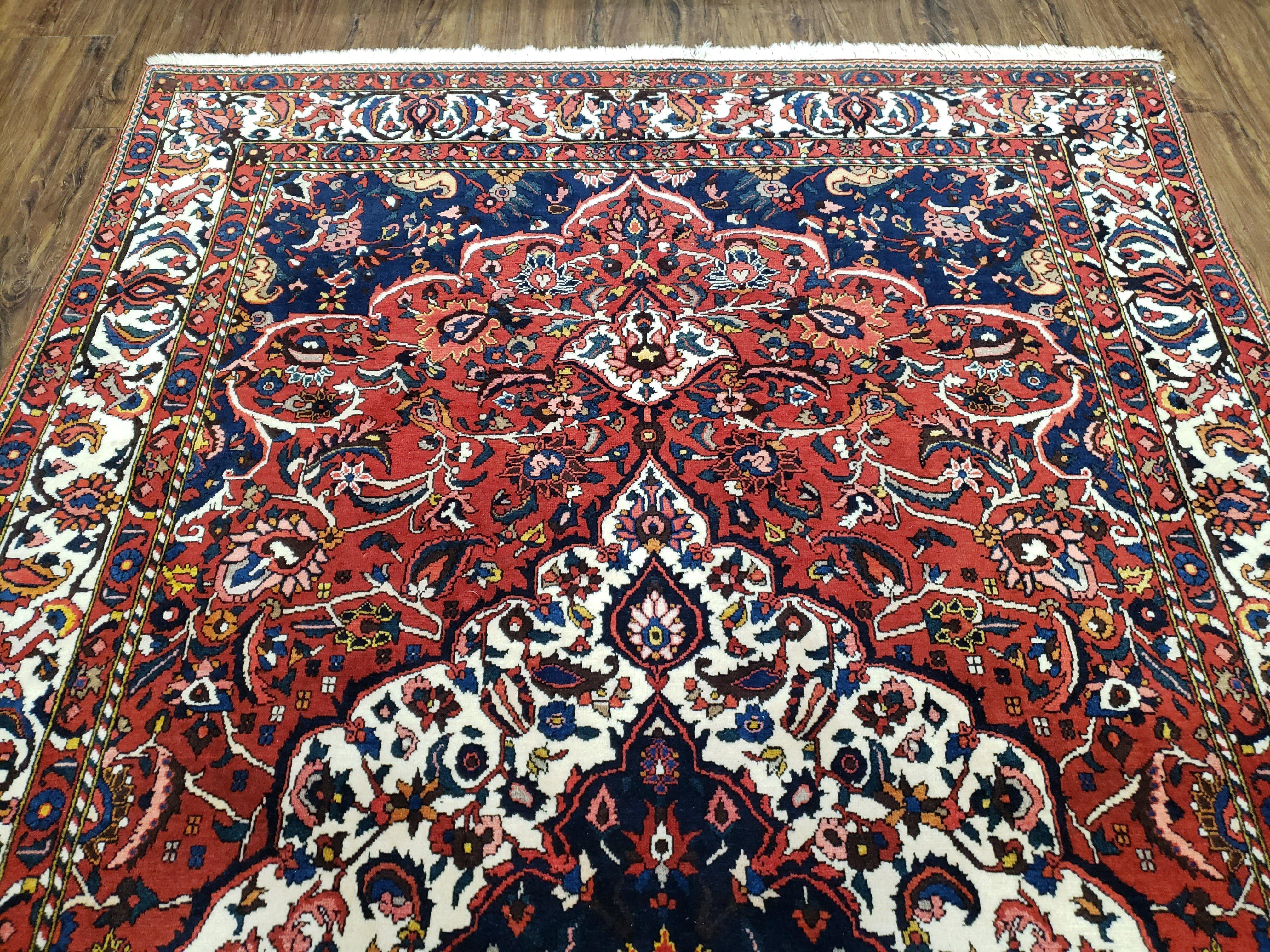 Semi Antique Persian Bakhtiari Rug, Hand-Knotted, Wool, Red, Midnight Blue, Ivory, Floral Medallion, 5'1" x 8' 6"