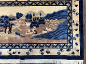 Antique Chinese Pictorial Rug 2.7 x 5, Chinese Village and Hills Carpet, Beige and Dark Blue, Handmade, Horizontal Rug Wall Hanging Tapestry