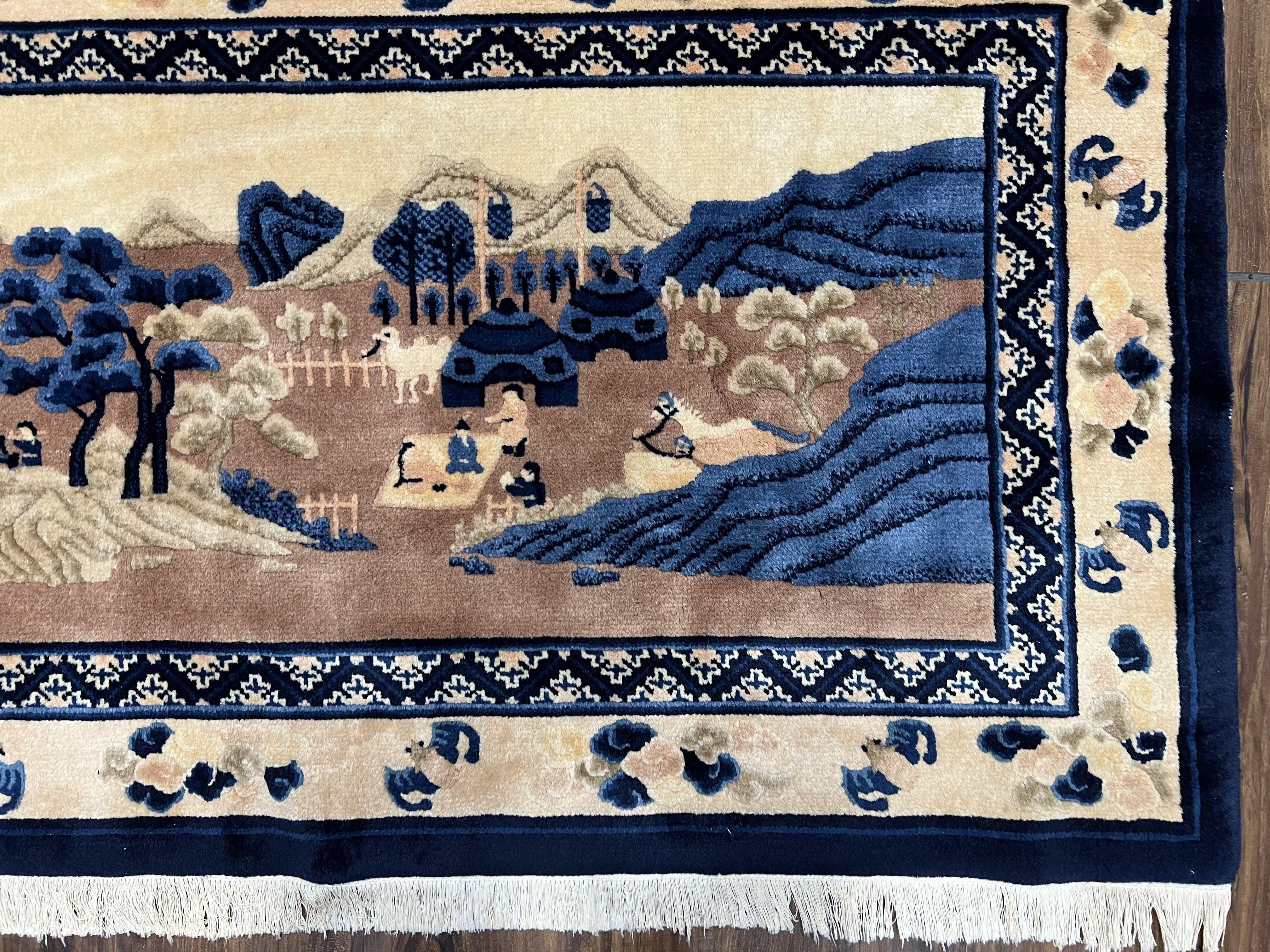 Antique Chinese Pictorial Rug 2.7 x 5, Chinese Village and Hills Carpet, Beige and Dark Blue, Handmade, Horizontal Rug Wall Hanging Tapestry