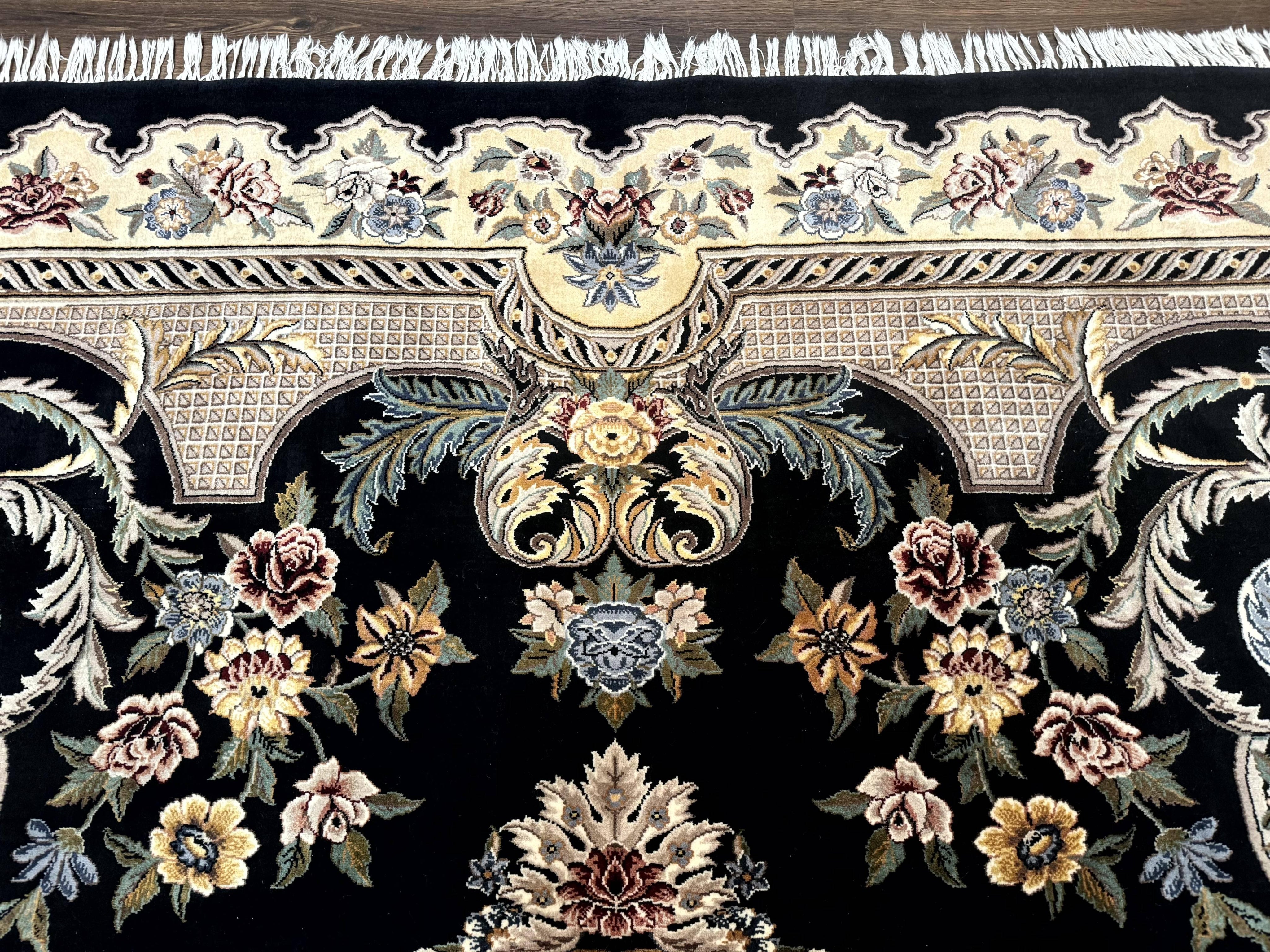 Aubusson Rug 9x12, Black and Beige, Floral, Elegant Handmade French European Design Carpet