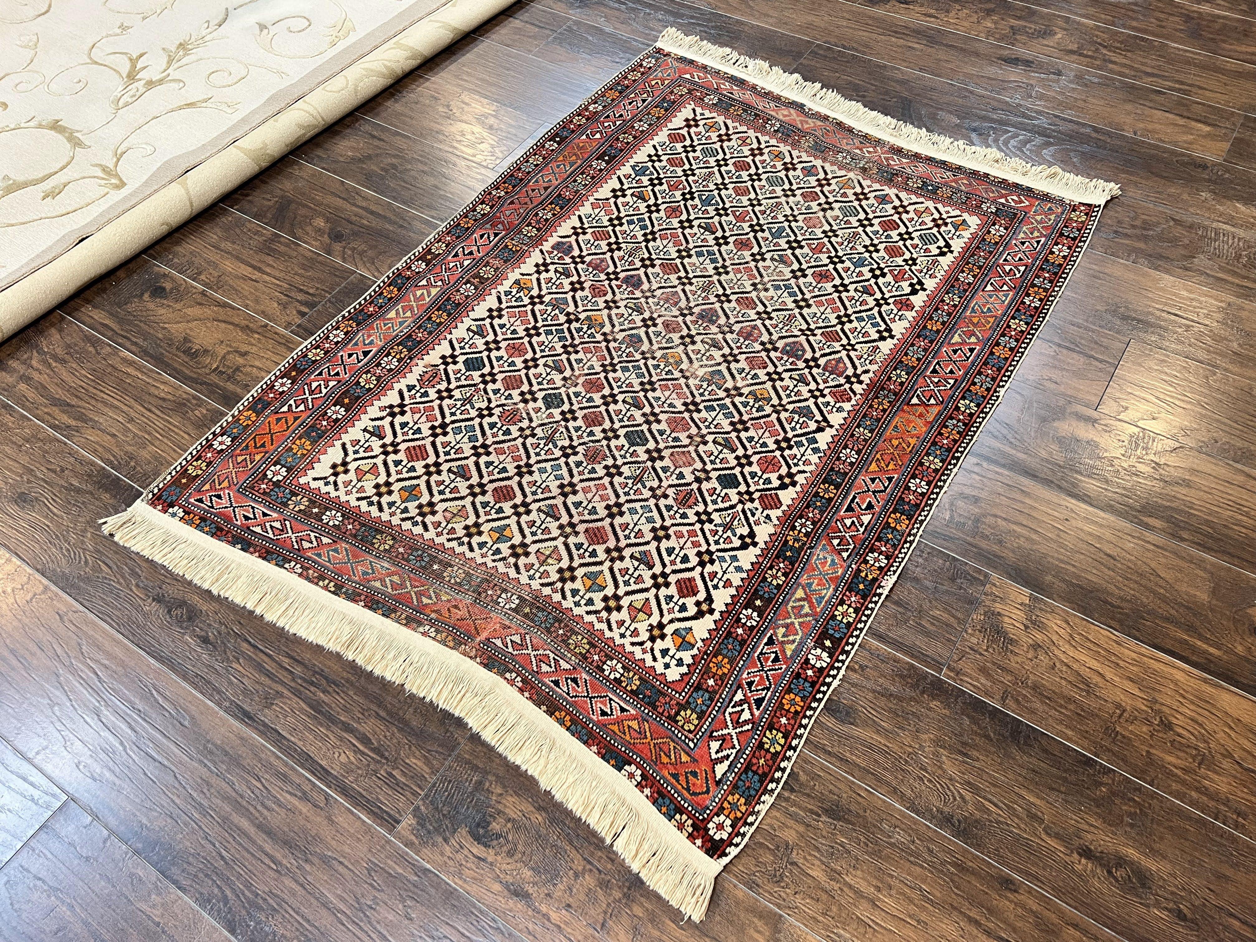 Antique Caucasian Rug 4x5, Hand Knotted Handmade Shirvan Oriental Carpet, Ivory Red Rug Allover Pattern, Rare Wool Rug, Tribal Geometric Rug