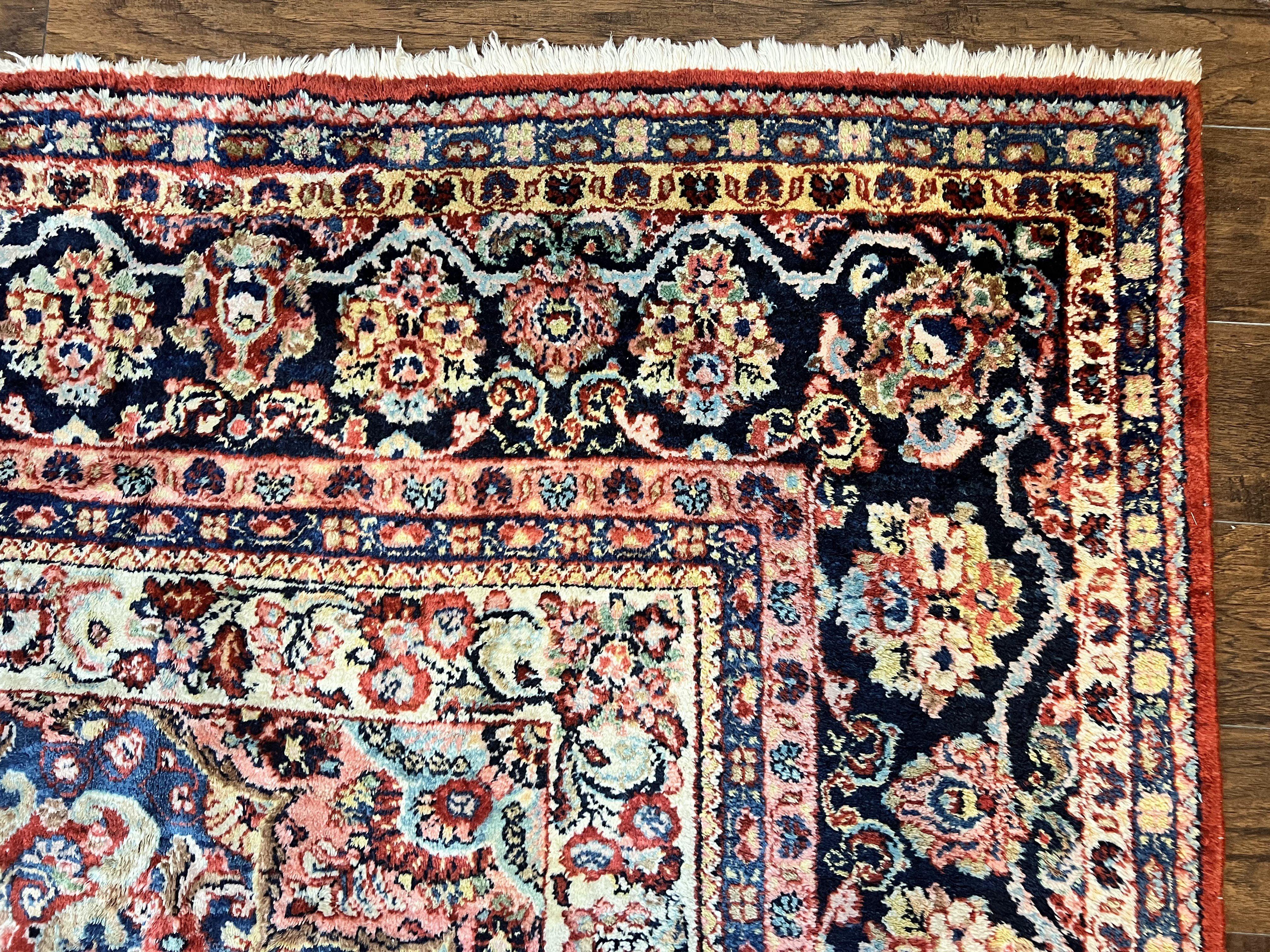 Persian Sarouk Rug 11x14, Semi Open Field, Large Antique Persian Wool Handmade Carpet, Red and Dark Blue, Floral