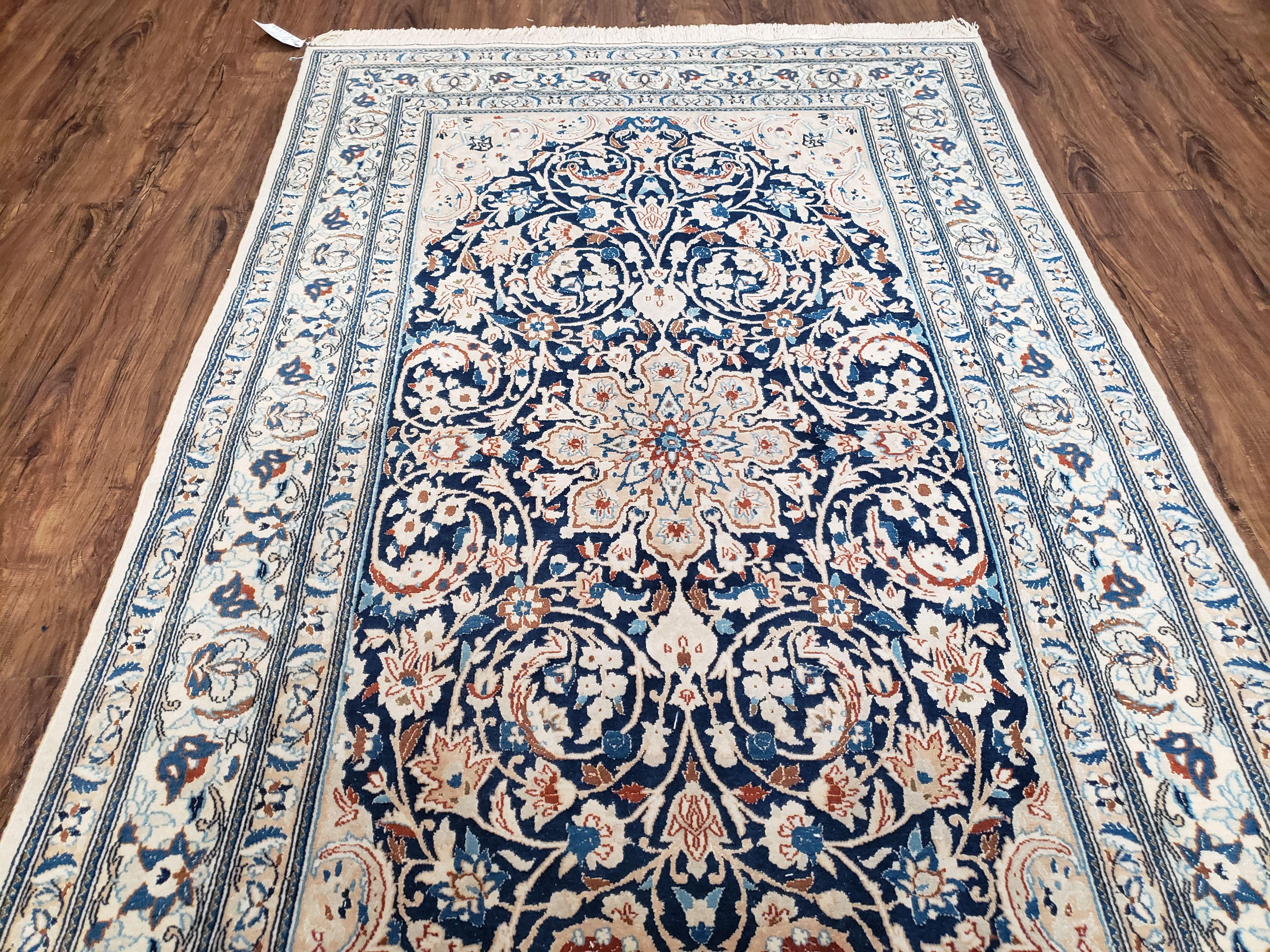 Semi Antique Fine Persian Nain Rug, Ivory & Blue, Wool with Silk Accents, 3'9" x 6'2"