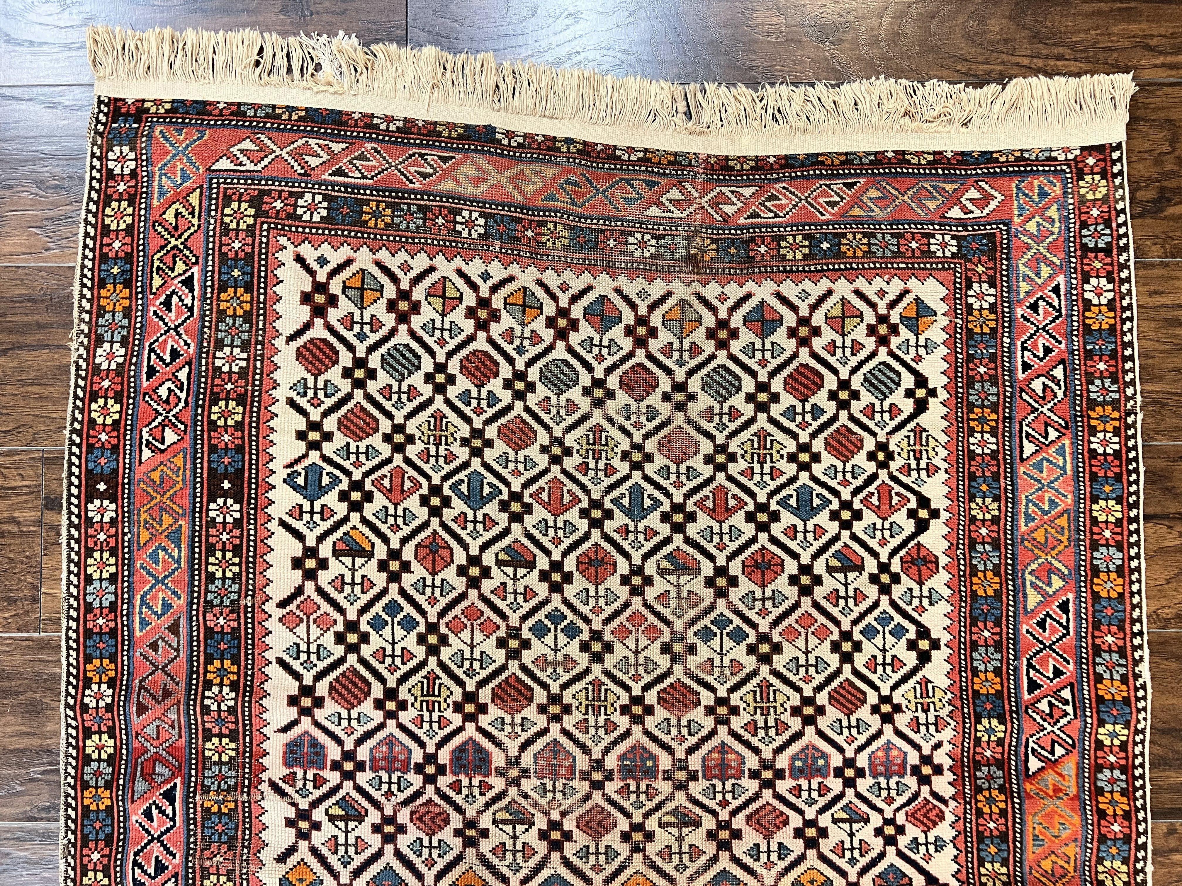 Antique Caucasian Rug 4x5, Hand Knotted Handmade Shirvan Oriental Carpet, Ivory Red Rug Allover Pattern, Rare Wool Rug, Tribal Geometric Rug