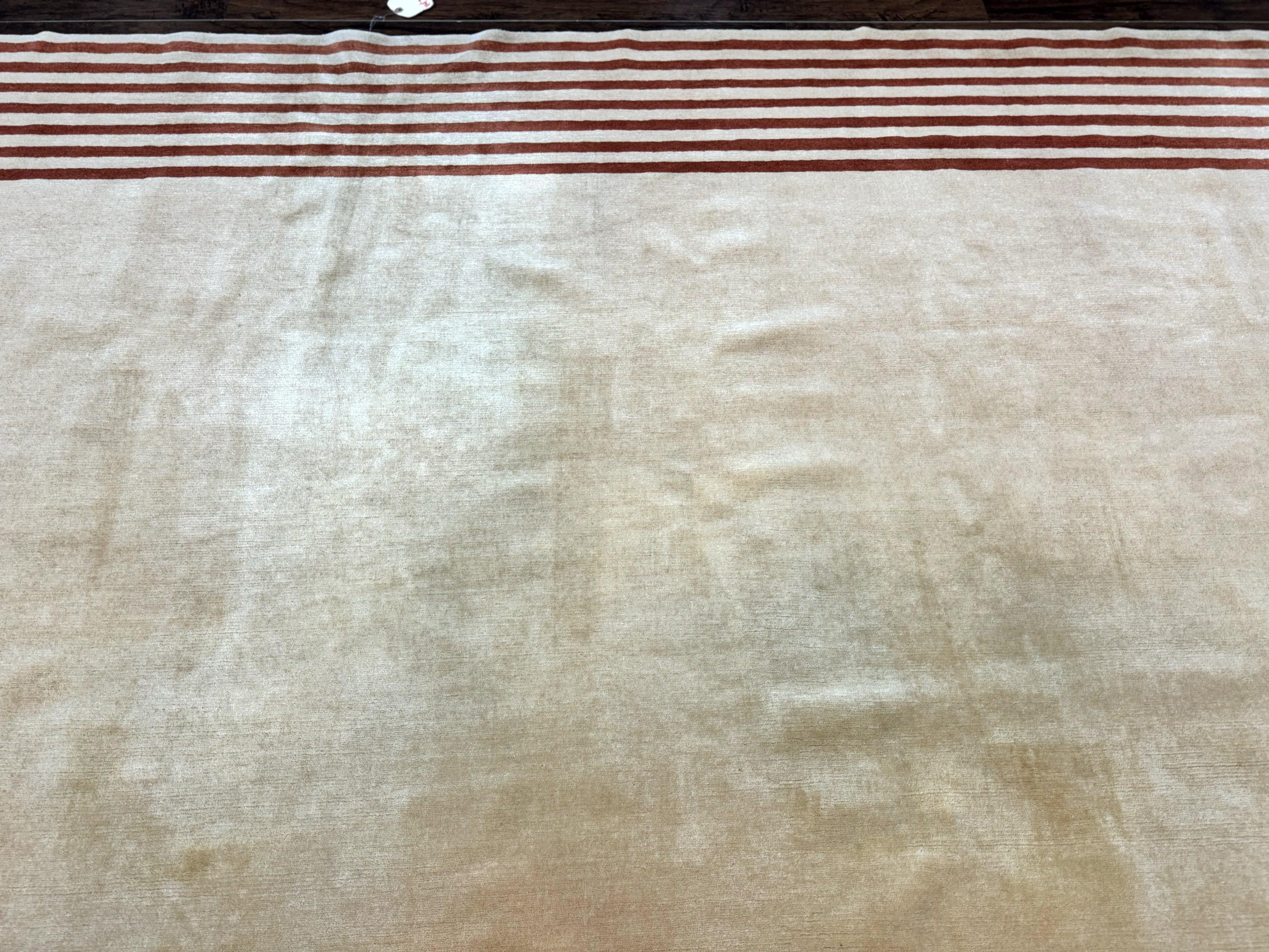 Modern Tibetan Rug 11 x 14.6, Wool and Silk, Simple Design, Handmade Large Area Rug, Cream