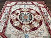 Needlepoint Rug 7.9 x 9, Beige Maroon Rose, Handmade Handwoven Flatweave Aubusson Savonnerie French European Elegant Carpet, Wool Rug