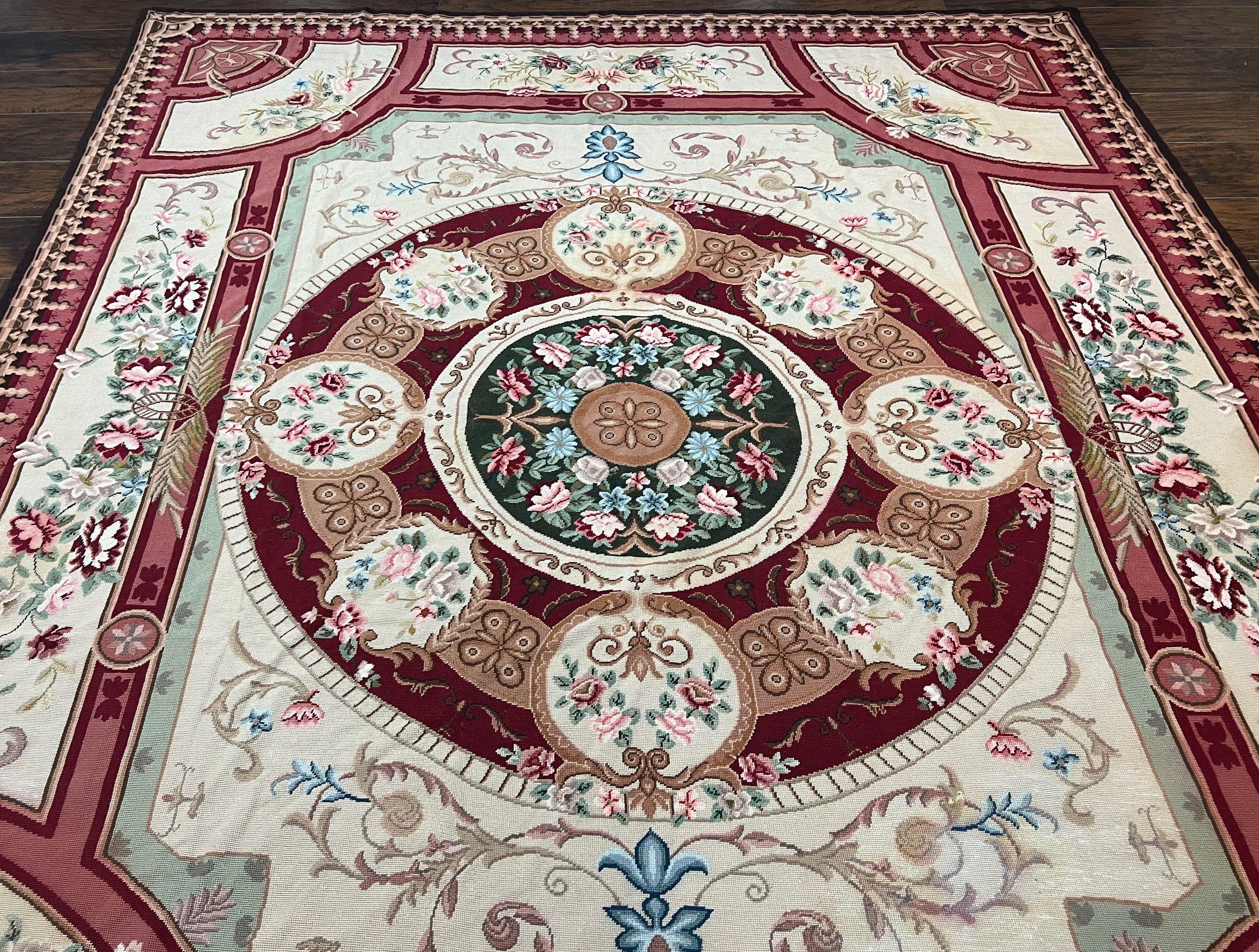 Needlepoint Rug 7.9 x 9, Beige Maroon Rose, Handmade Handwoven Flatweave Aubusson Savonnerie French European Elegant Carpet, Wool Rug