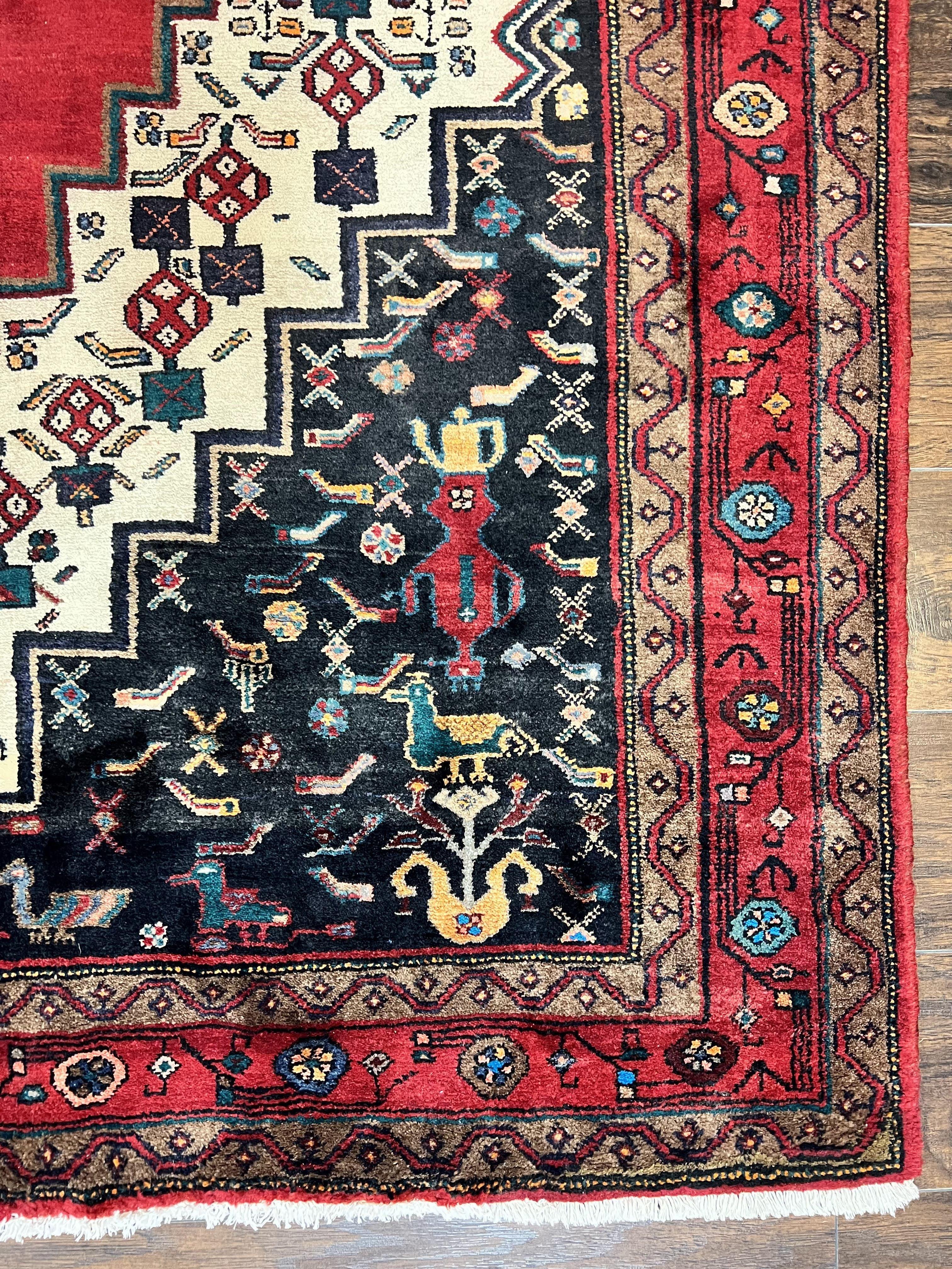 Persian Rug 5x12 ft, Red Cream Navy Blue, Pictorials, Hand Knotted Handmade Wide Runner Tribal Bidjar Semi Antique Wool Geometric Oriental Rug