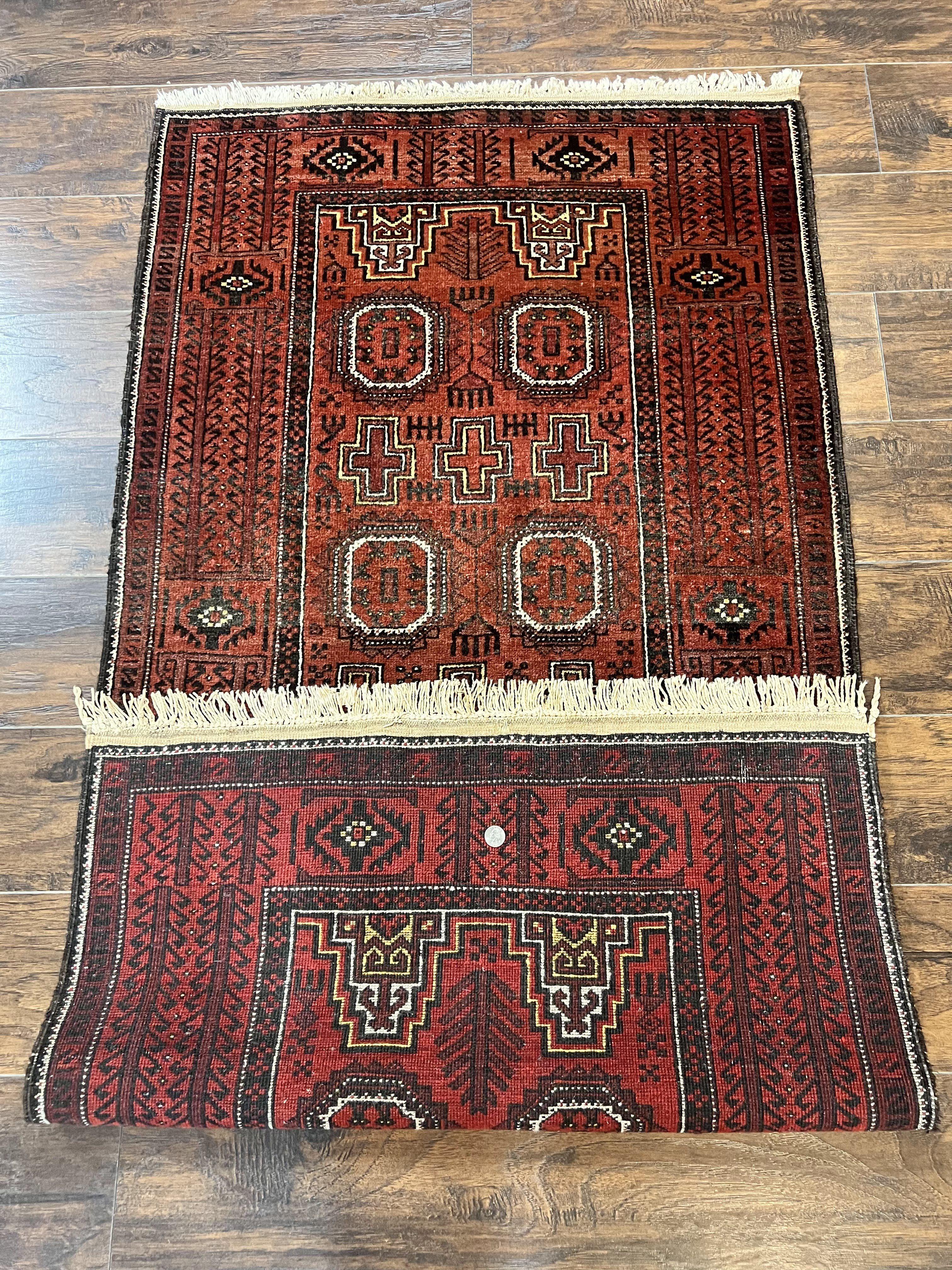 Antique Persian Turkoman Rug 3x6, Wool Tribal Handmade Carpet, Red and Black