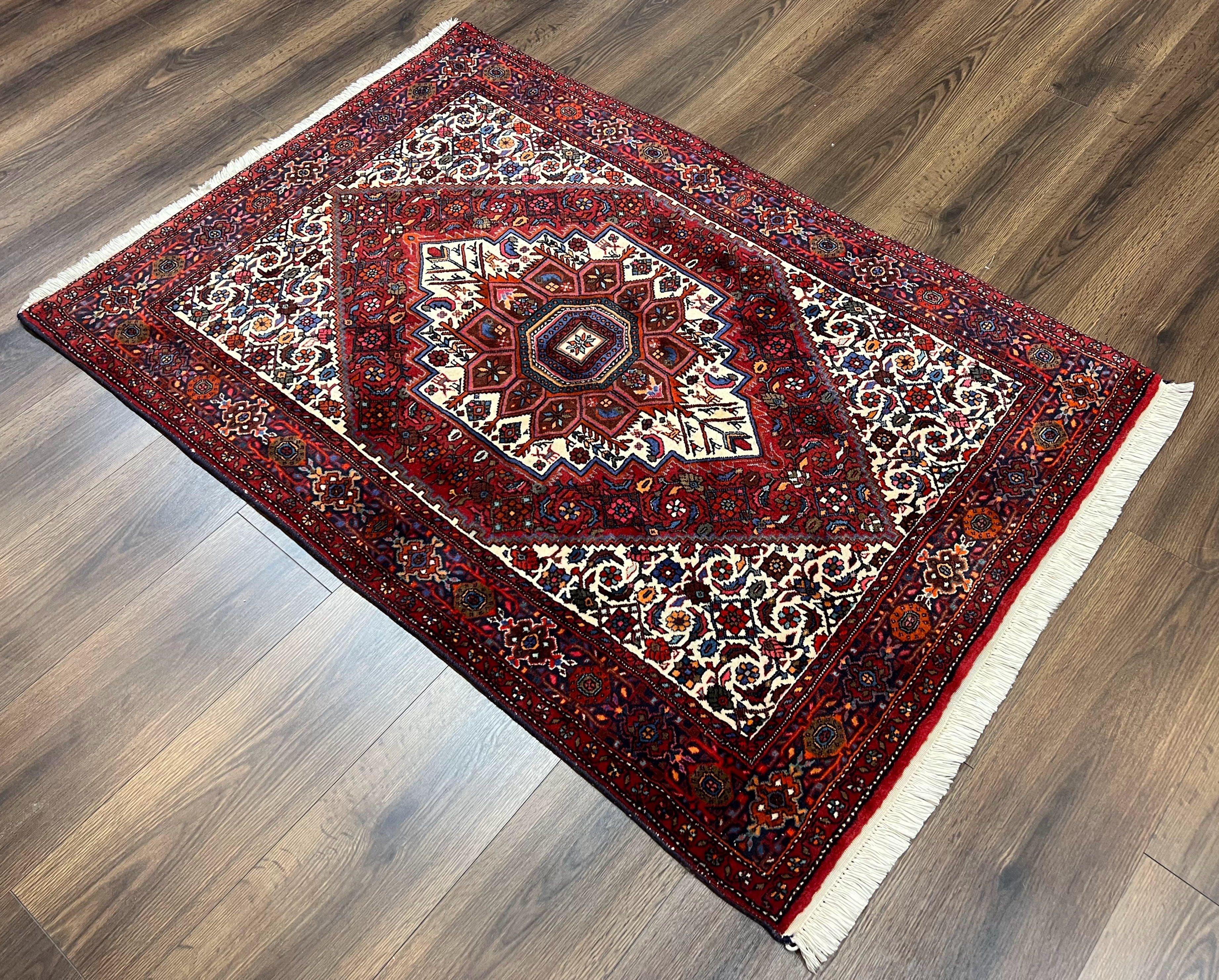 Fine Persian Bidjar Rug 3x5, Geometric Medallion Oriental Bijar Carpet 3 x 5 ft, Ruby Red and Cream, Hand Knotted Wool Rug, Semi Antique Tribal Rug, Nice