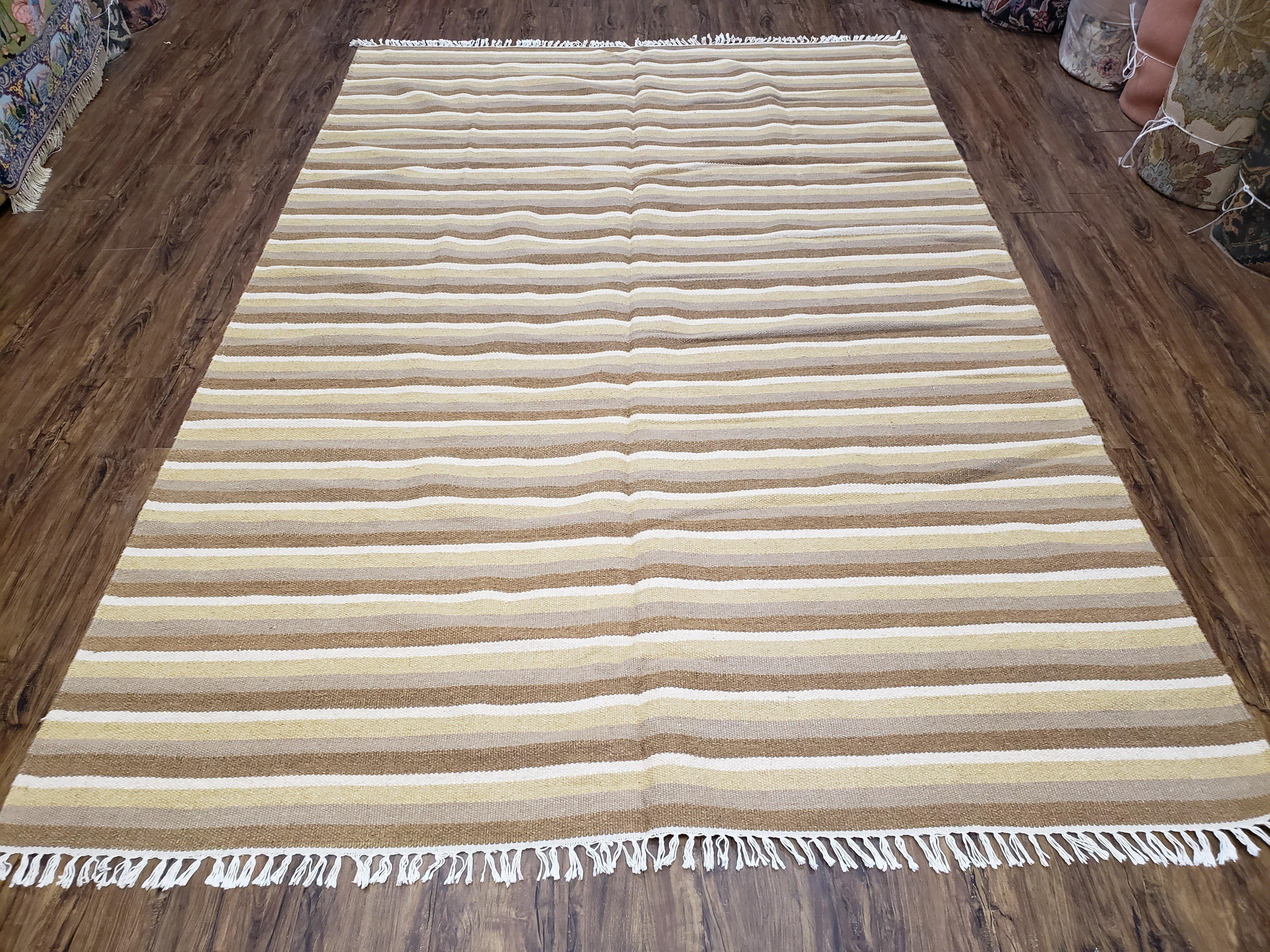 Indian Striped Blanket 6x9, Large Indo Kilim Area Rug, Earthern Tones Woolen Hand-Woven Flatweave South American Style Queen Size Bedspread