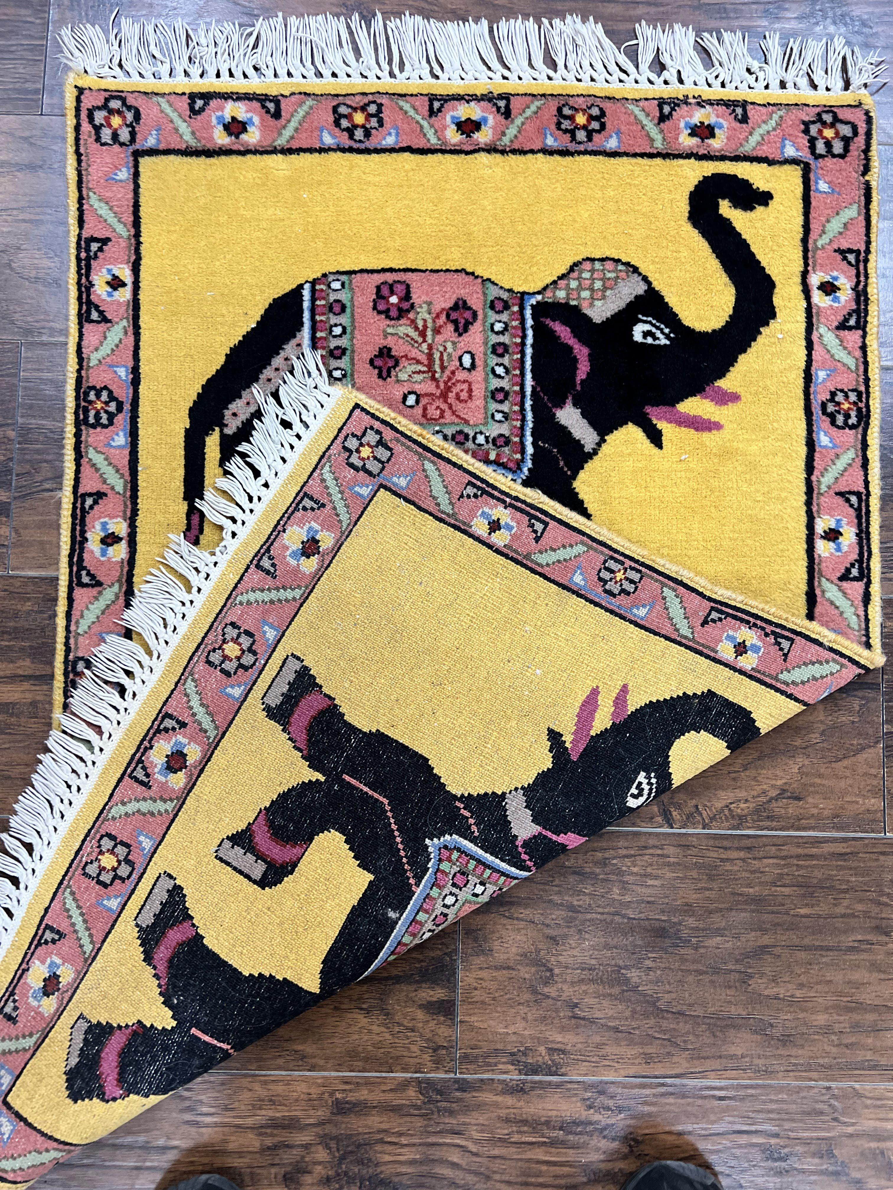Unique Indian Pictorial Rug 2x3, Small Wool Hand Knotted Oriental Carpet, Yellow, Two Elephants, Handmade