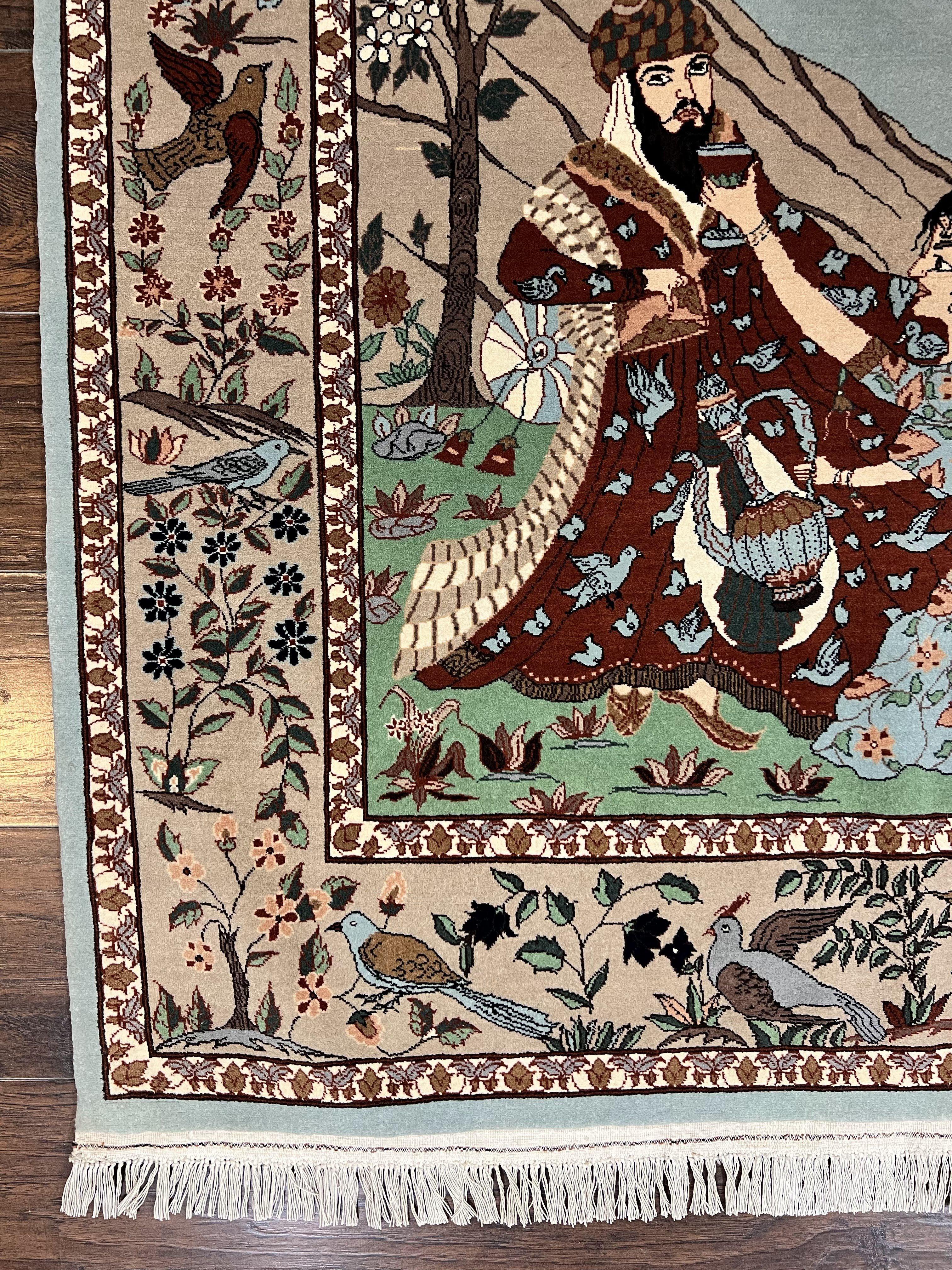 Indo Persian Pictorial Rug 4x7, Handmade Hand Knotted Wool Semi Antique Horizontal Carpet, Men & Women Drinking, Fine Rug, Bird Pictorials