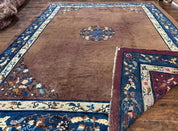 Antique Chinese Wool Rug 9x11, Large Chinese Art Deco Rug, Peking Rug, Brown and Blue, Open Field, Fete Rug