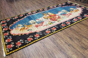 Antique Persian Pictorial Rug 4'6" x 9', Wool Hand-Knotted Blue Roses Karabagh Caucasian Carpet, 1920s Girl Deer Tapestry Wall Hanging Rug