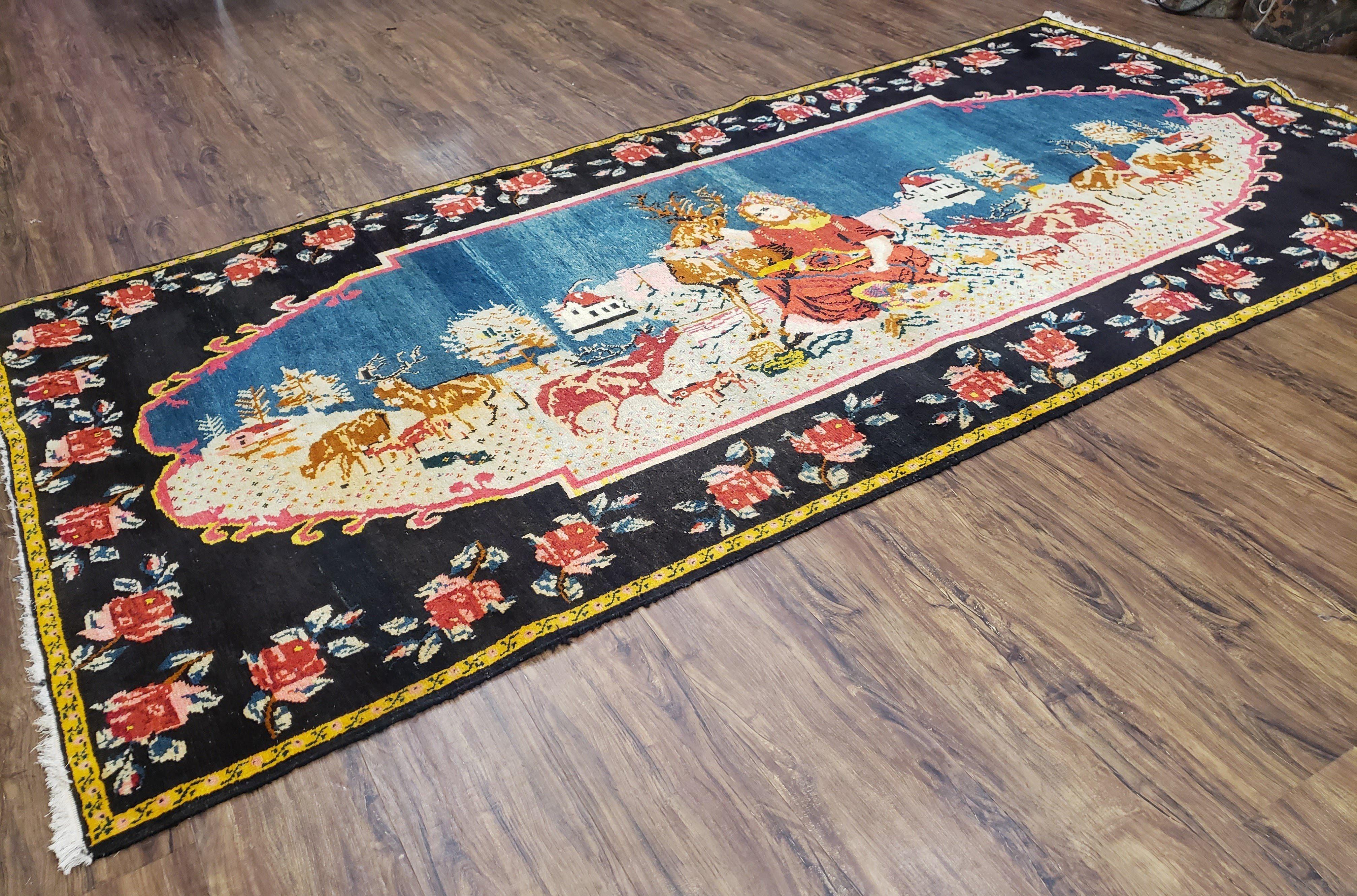 Antique Persian Pictorial Rug 4'6" x 9', Wool Hand-Knotted Blue Roses Karabagh Caucasian Carpet, 1920s Girl Deer Tapestry Wall Hanging Rug