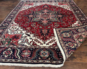 Indo Persian Heriz Rug 8x10, Geometric Medallion, Brick Red Ivory Navy Blue, Room Sized Heriz Carpet, Wool Rug