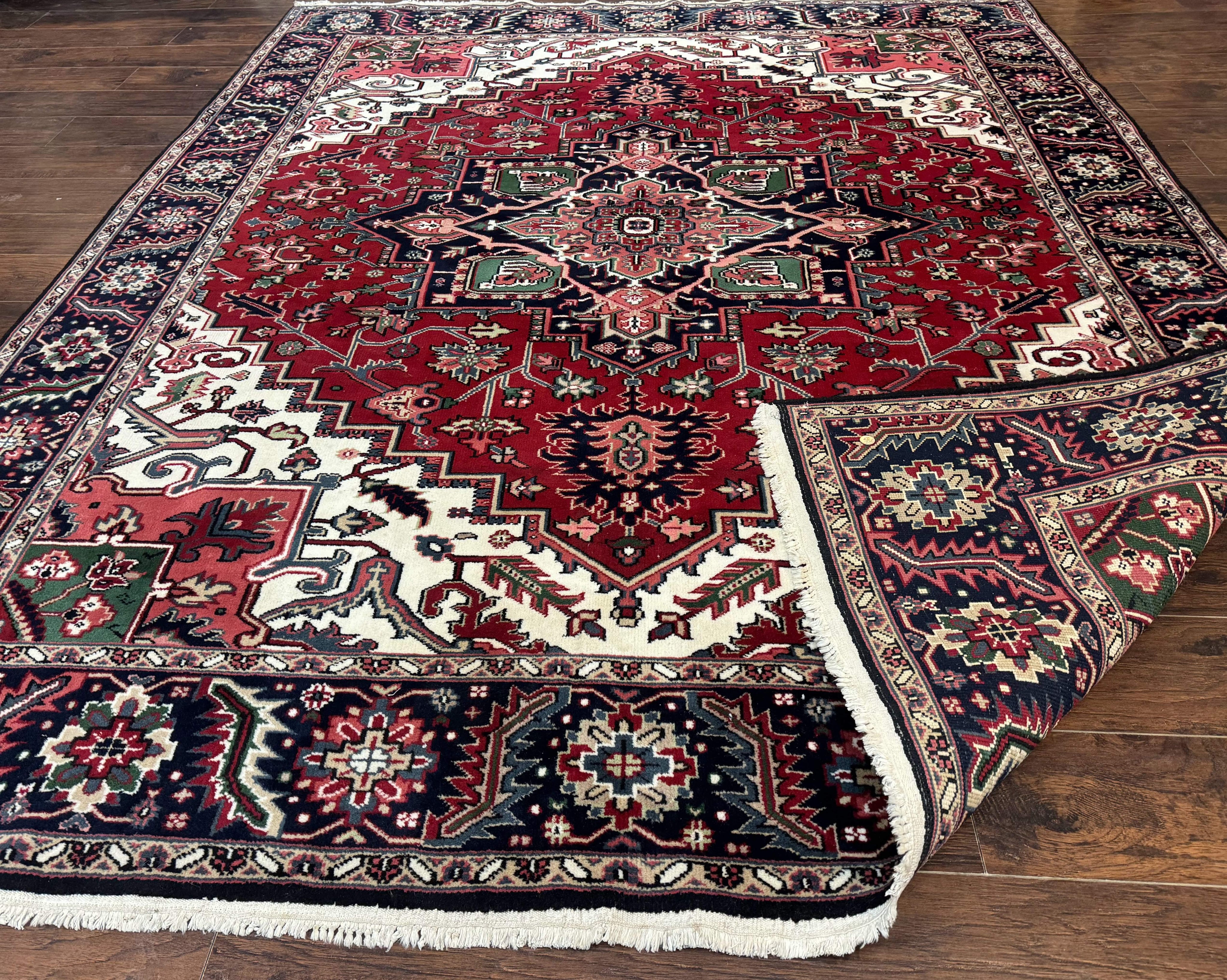 Indo Persian Heriz Rug 8x10, Geometric Medallion, Brick Red Ivory Navy Blue, Room Sized Heriz Carpet, Wool Rug