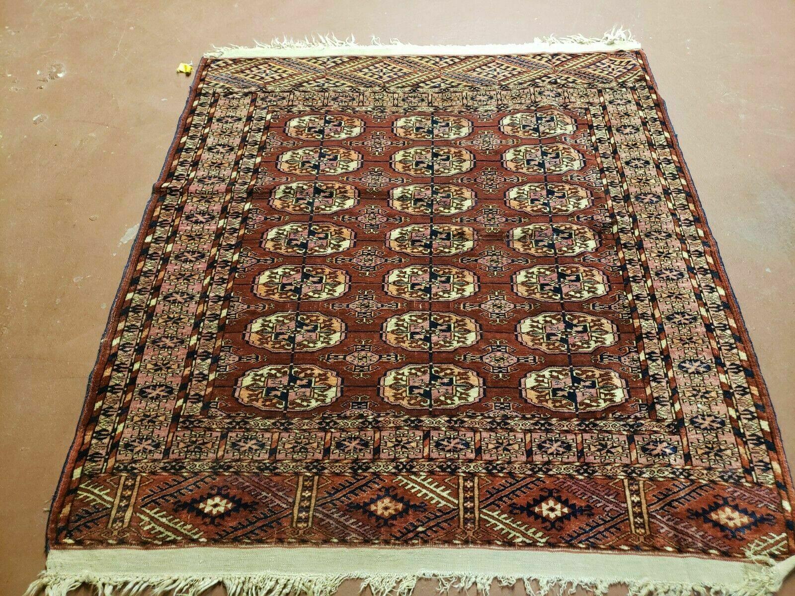 4' X 4' Antique Handmade Turkoman Bokhara Balouch Woven Wool Rug Brick Red Nice