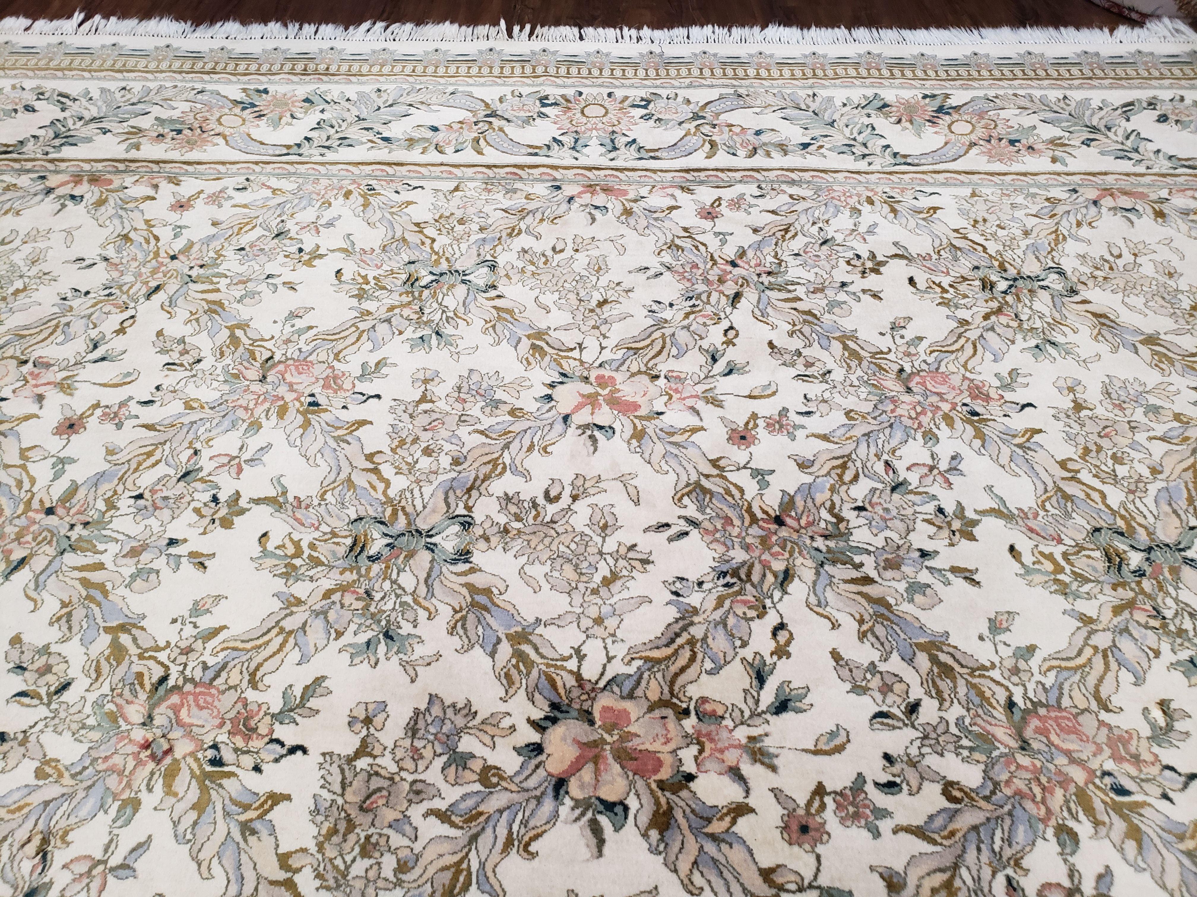 Pak Persian Floral Rug 11 x 12.6, Ivory, Very Fine, Hand Knotted