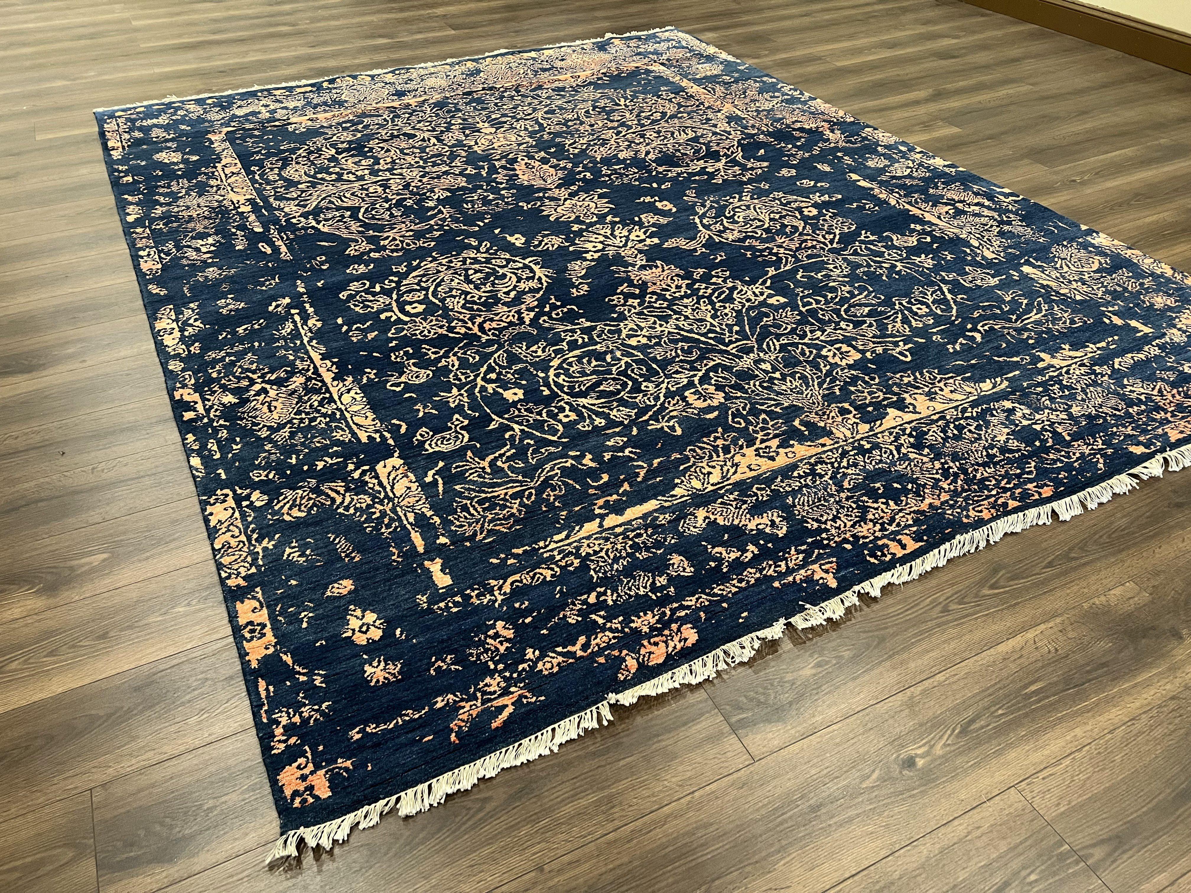 Area Rug 8x10 High Quality Handmade Oriental Carpet, Modern Contemporary Rug, Rug for Living Room, Wool Rug, Blue and Gold, Pakistani Rug